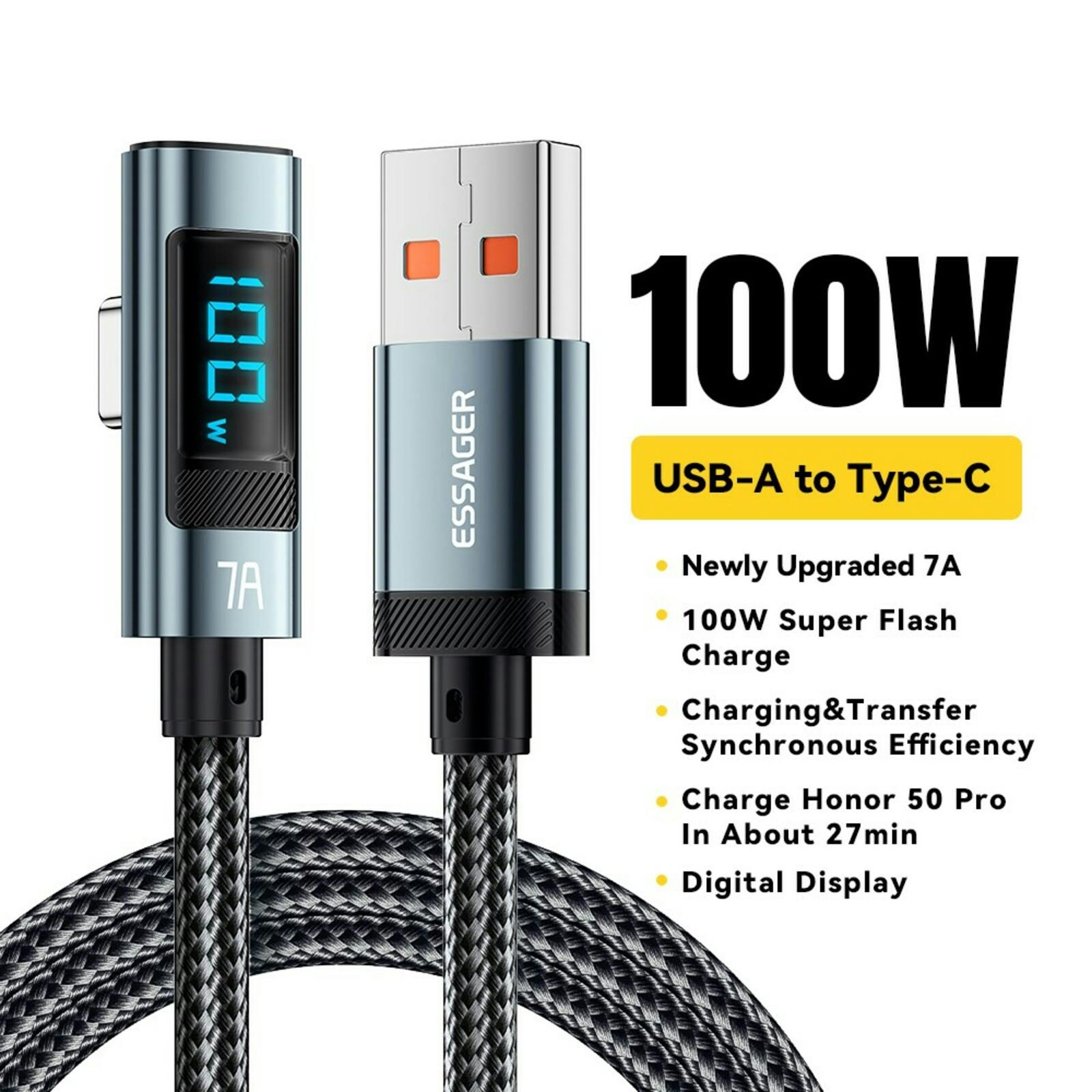 Essager 100W USB-A to USB-C Digital Display Elbow Data Cable Zwart 2m