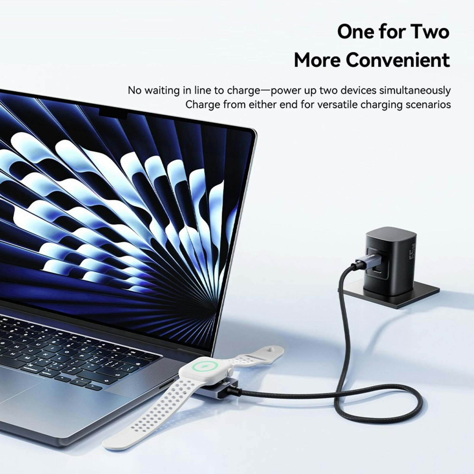 Essager 2-in-1 USB-C naar USB-C Kabel 100W Apple Watch Oplader Zwart