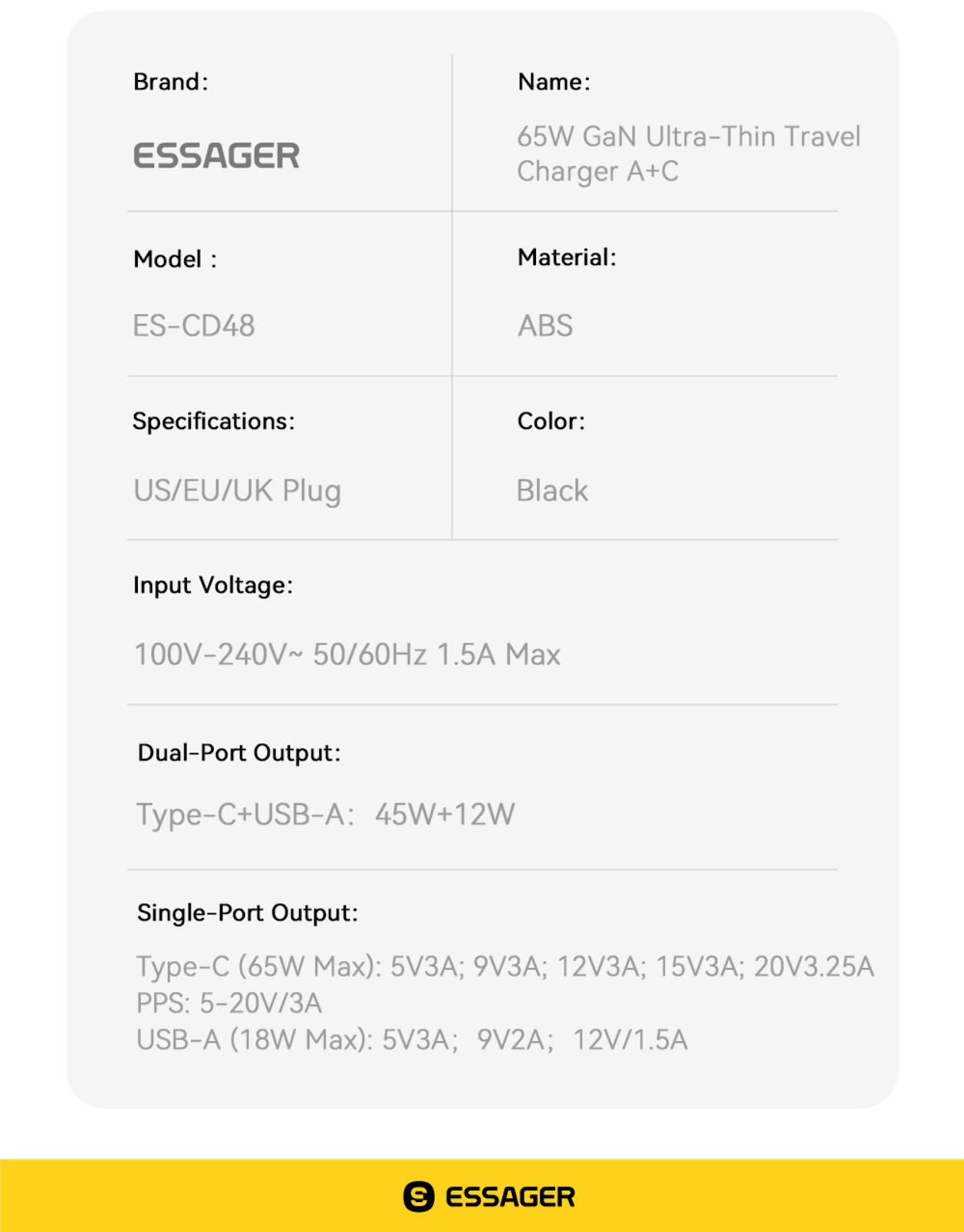 Essager Ultradunne USB-A + USB-C Reislader 65W Zwart