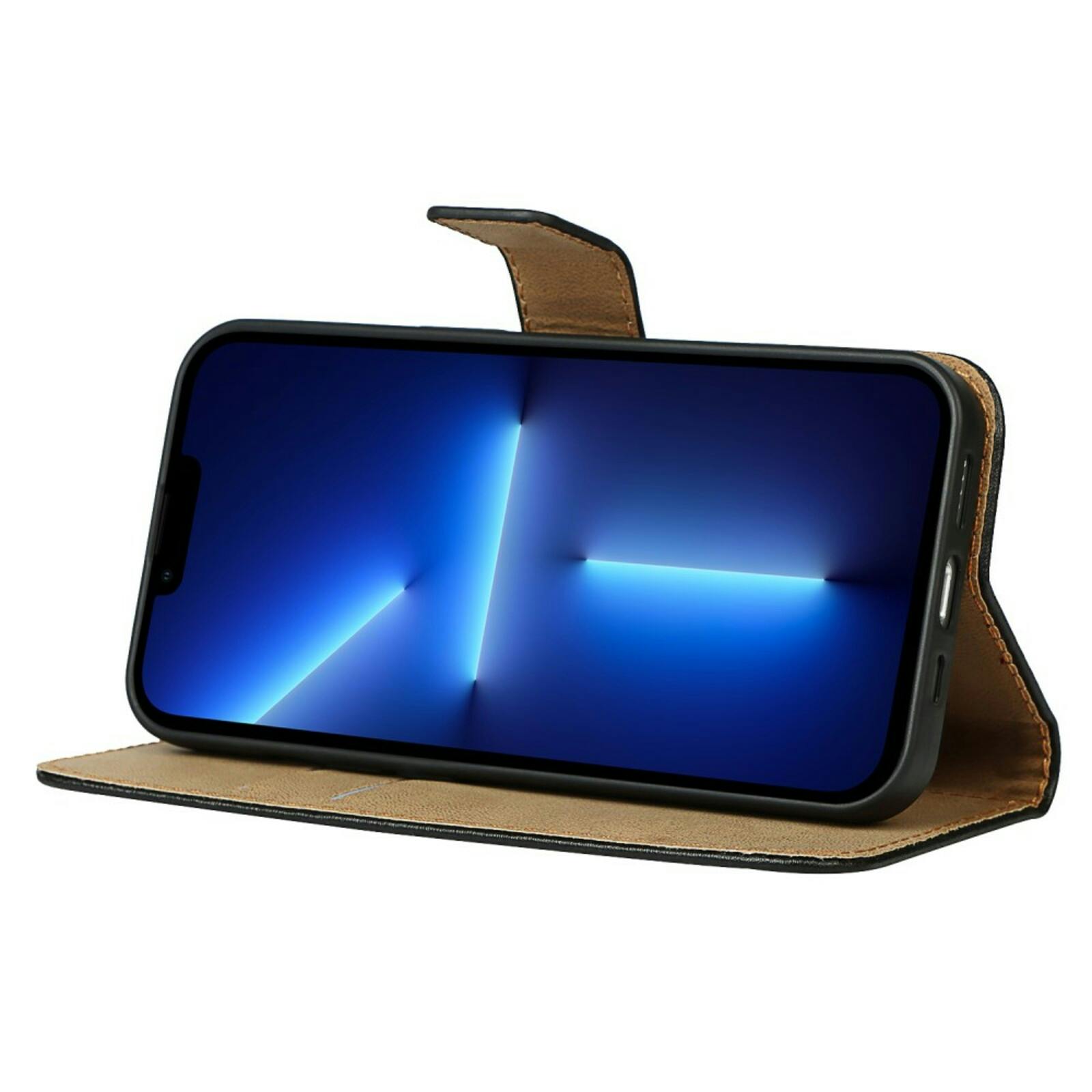 Mocaa iPhone 13 Echt Lederen Bookcase Hoesje Zwart