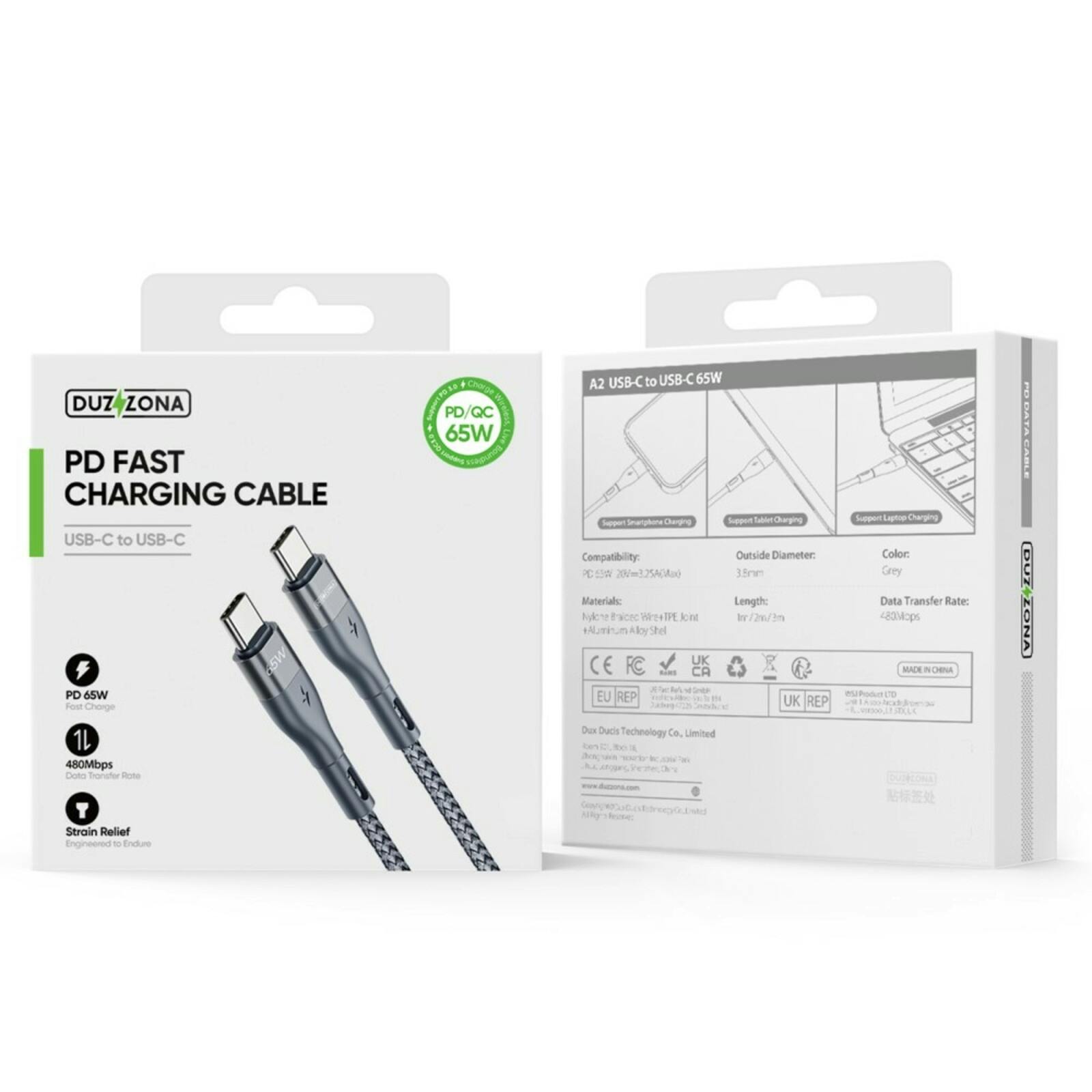 Duzzona 65W Power Delivery Datakabel USB-C naar USB-C Grijs 3m