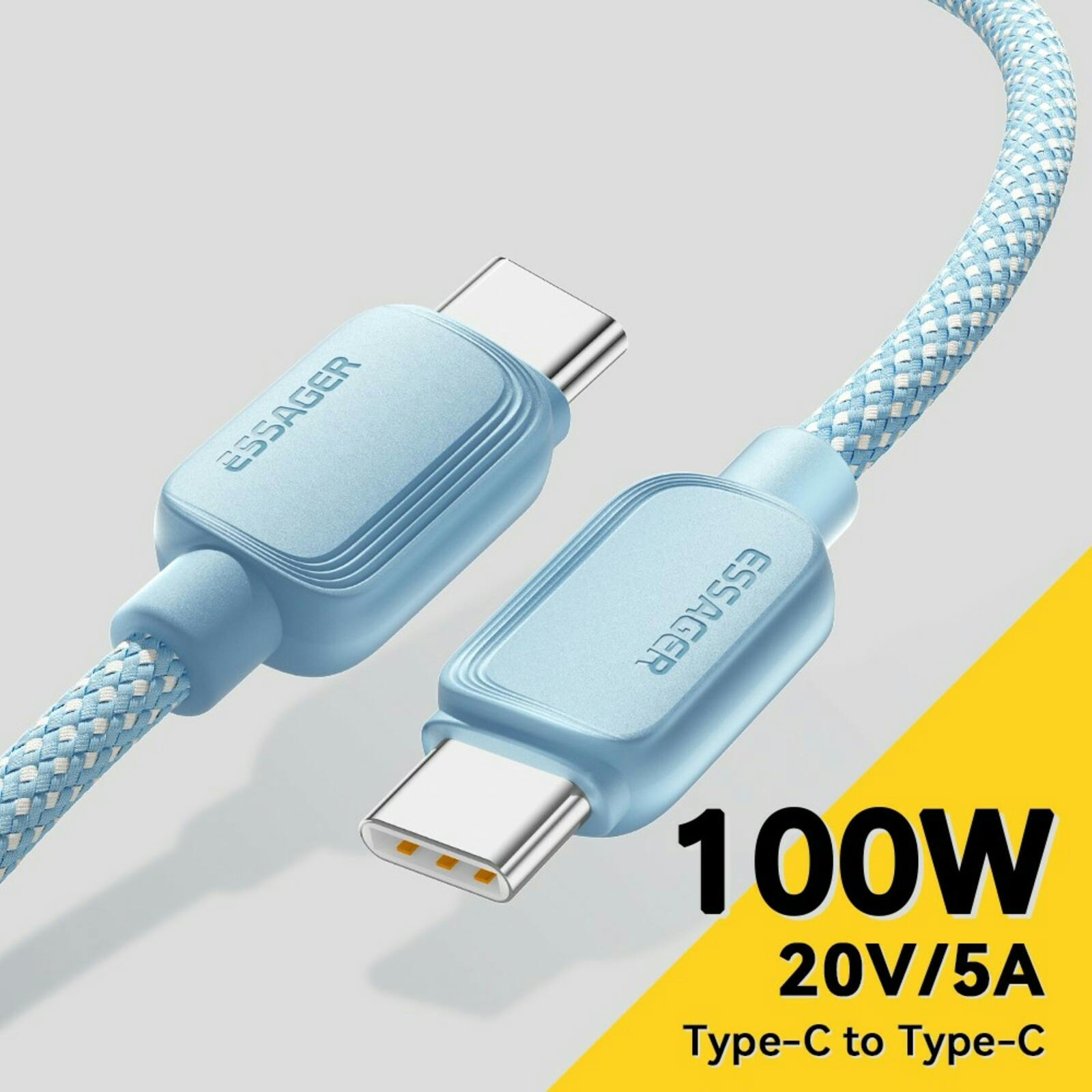 Essager 100W(!) Smartphone en Laptop Data+Oplaadkabel USB-C naar USB-C Blauw 2m