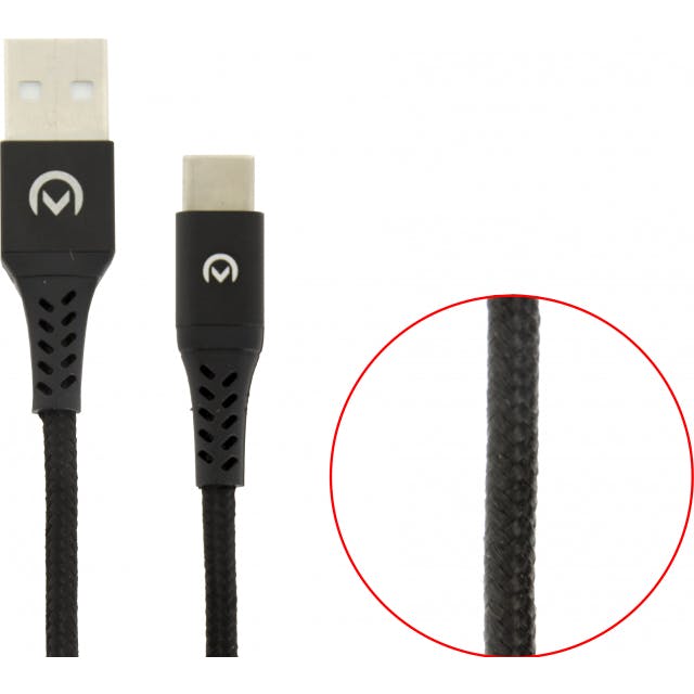 Mobilize Type USB C Gevlochten kabel 2m. Zwart Black