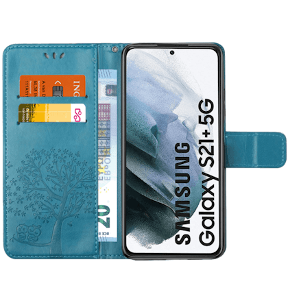 Comfycase Samsung Galaxy S21 Plus Bookcase Hoesje Uiltjes Blauw