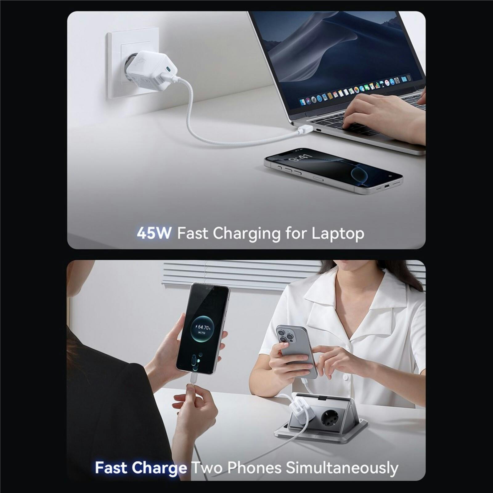 Joyroom 45W Dual-Port GaN Oplader met Ingebouwde Kabel Wit