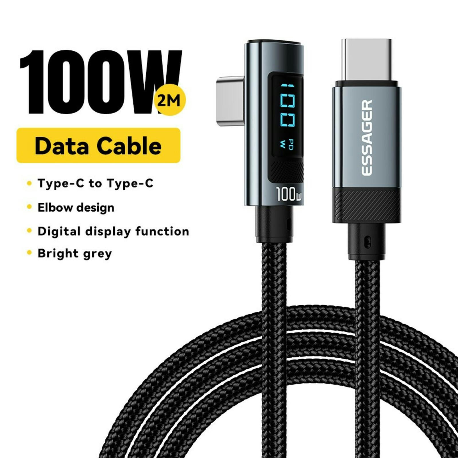 Essager 100W USB-C to USB-C Digital Display Elbow Data Cable Zwart 2m