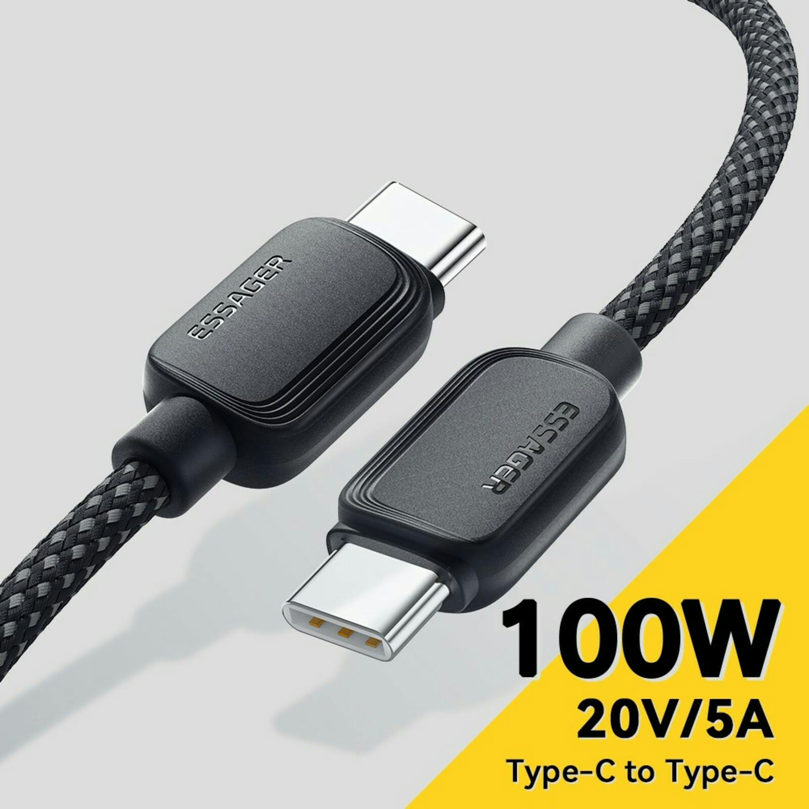 Essager 100W(!) Smartphone en Laptop Data+Oplaadkabel USB-C naar USB-C Zwart 1m