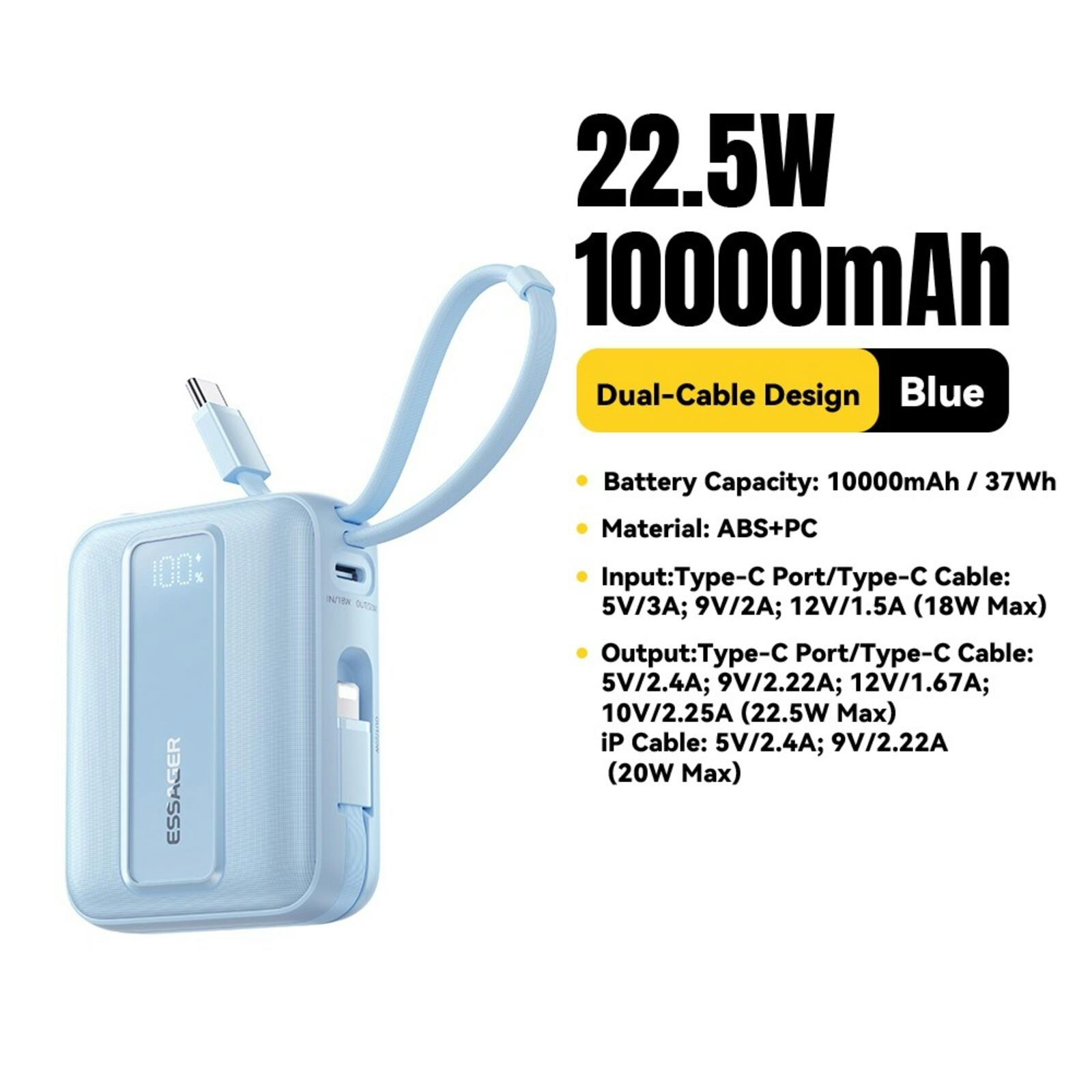 Essager Quick Charge Compact Powerbank met Kabels Blauw 10.000 mAh