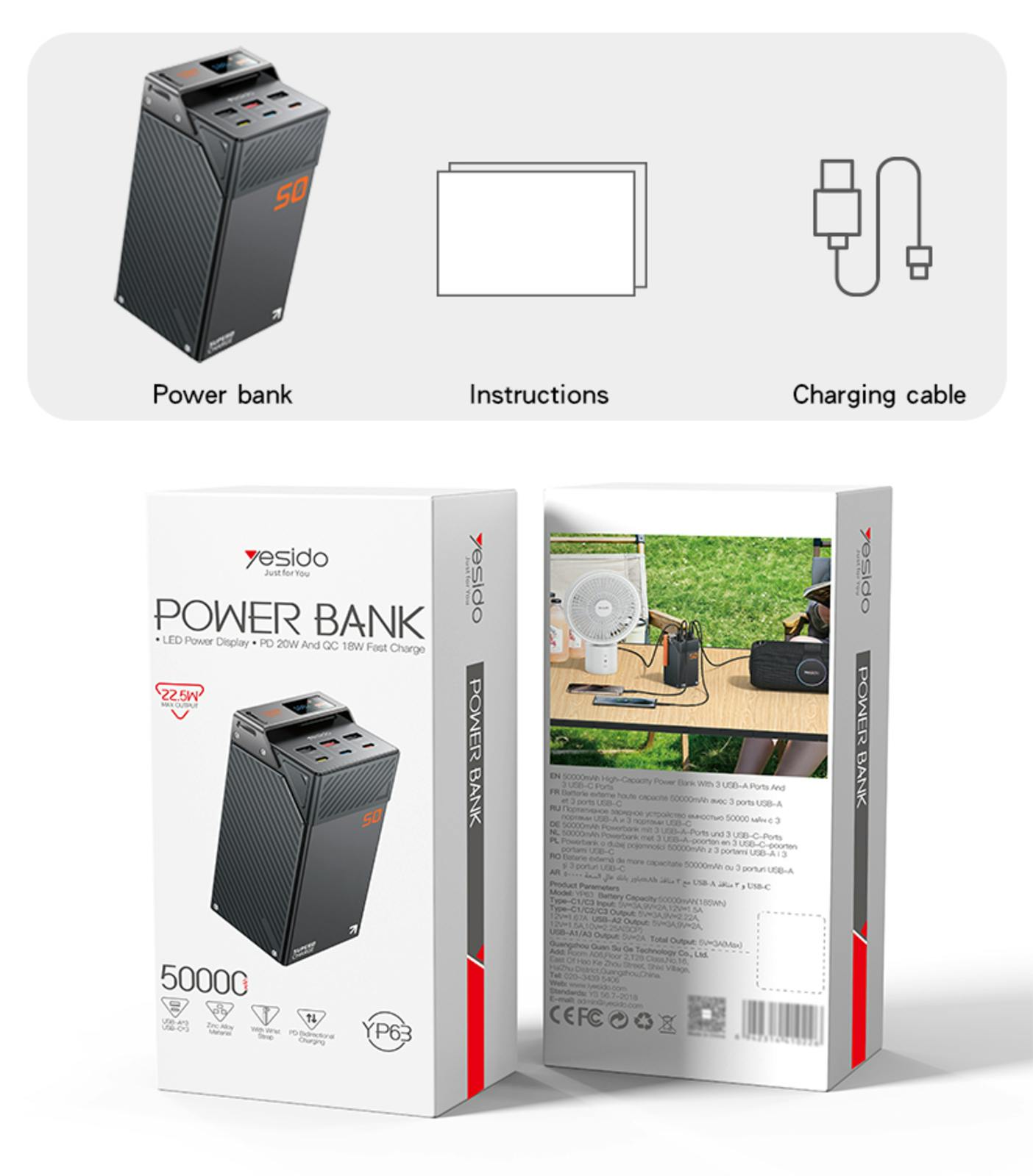 Yesido Supercharge 50.000mAh Power Station Zwart 50.000 mAh