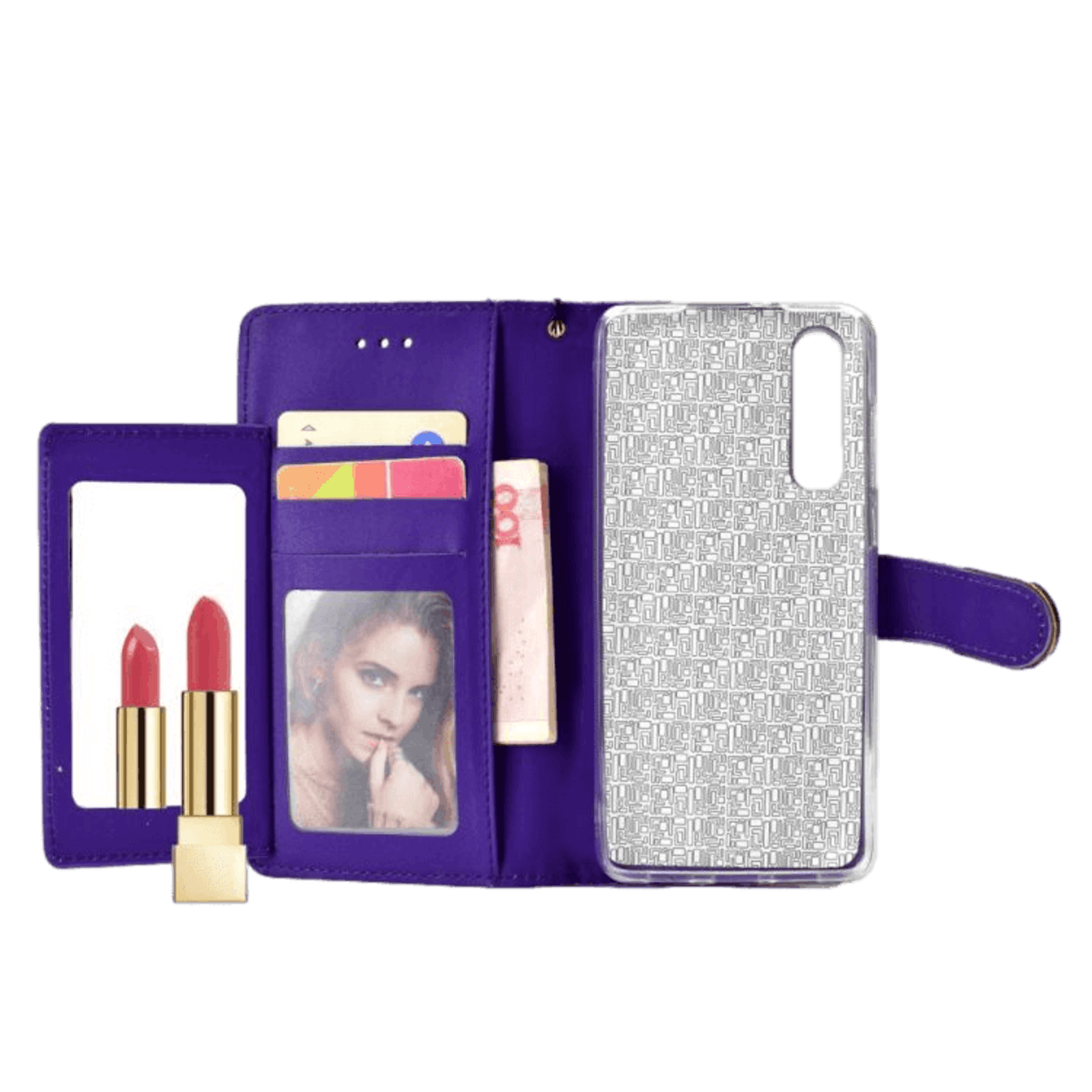 TwoTone Huawei P30 glitter hoesje met pasruimte en spiegel Paars