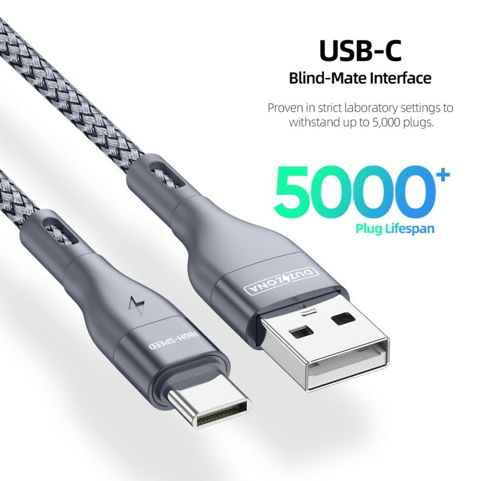 Duzzona Gewoven USB-A naar USB-C High Speed Oplaad + Datakabel Grijs 2m