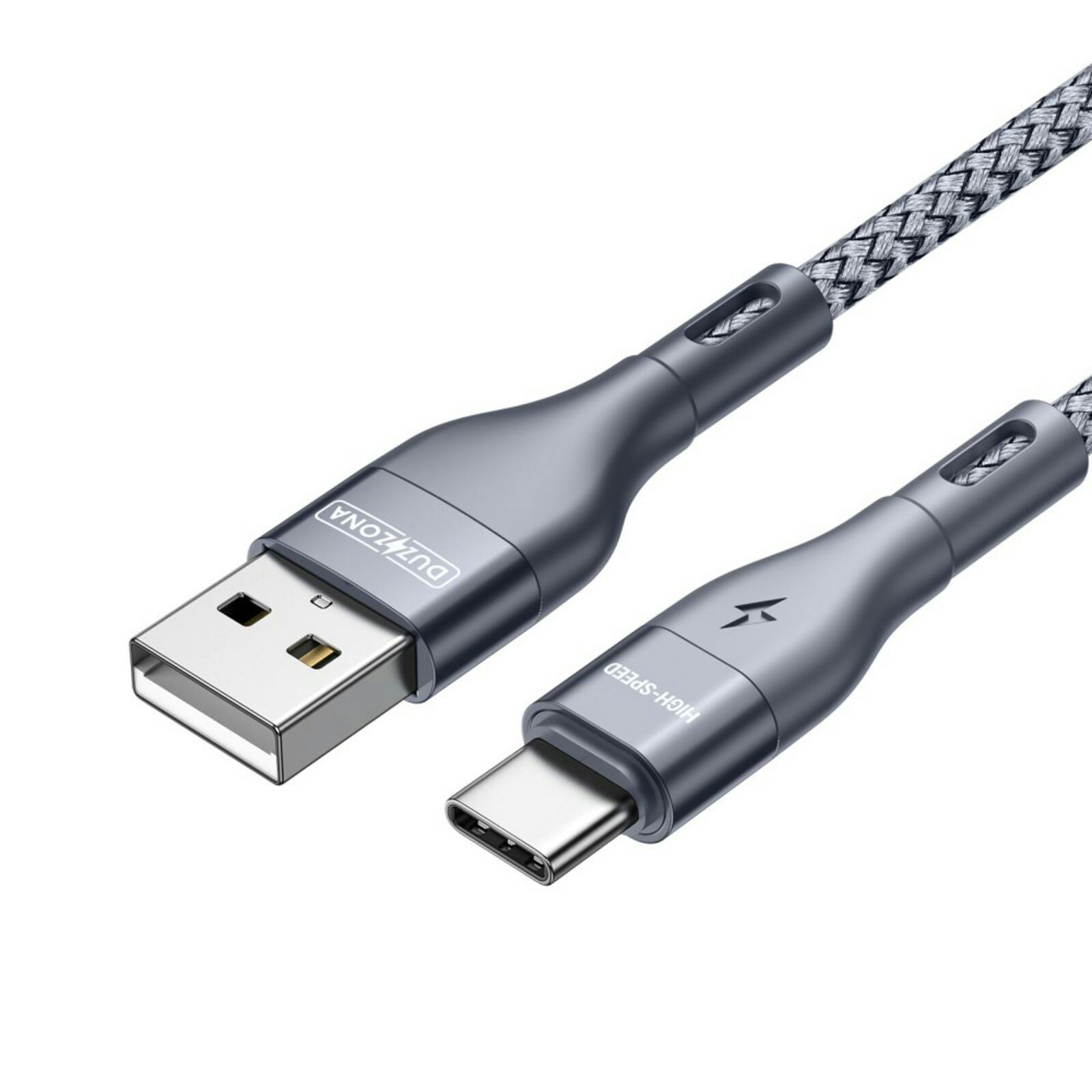 Duzzona Gewoven USB-A naar USB-C High Speed Oplaad + Datakabel Grijs 2m