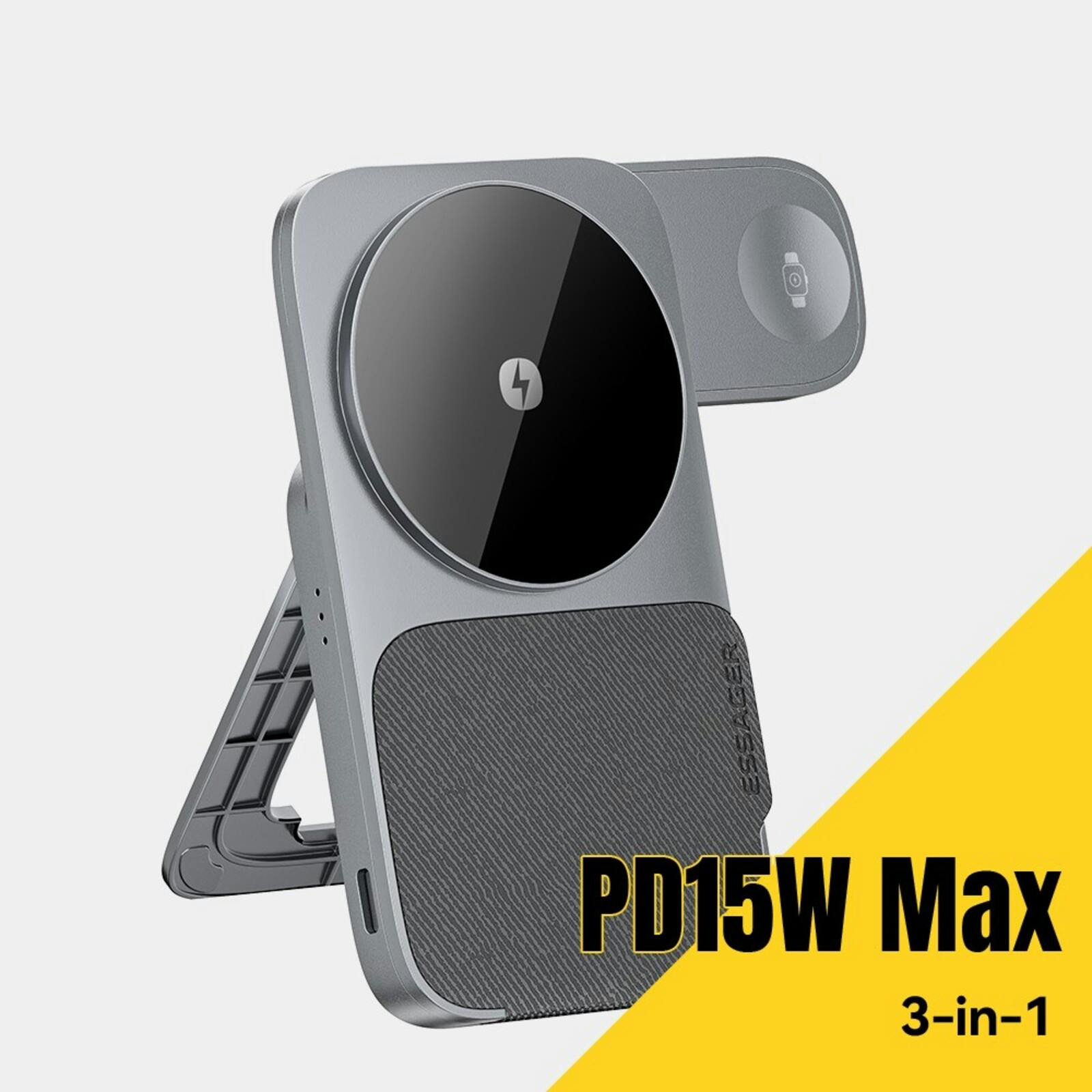 Essager 3-in-1 Opvouwbare Draadloze Oplader 15W met Standaard Grijs