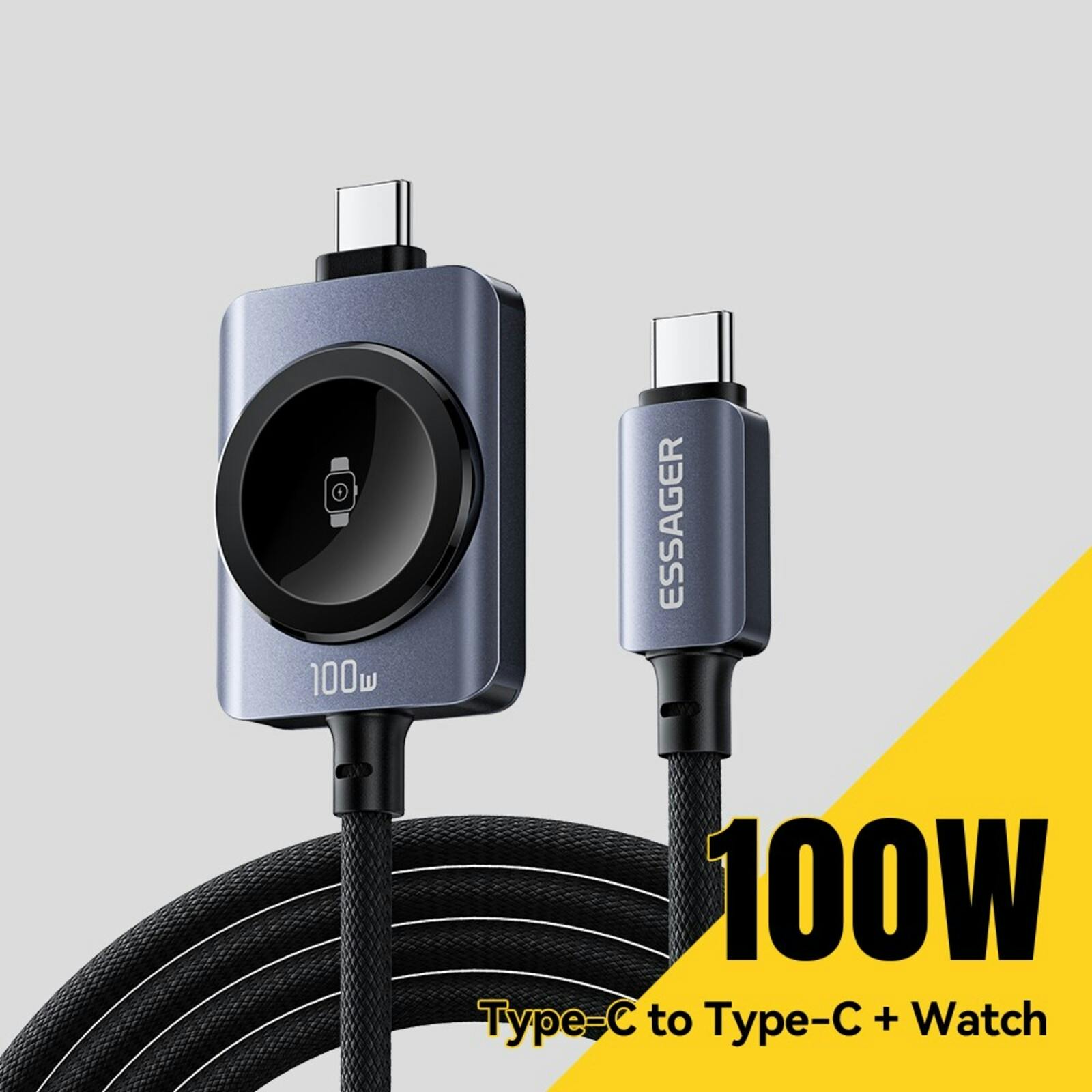 Essager 2-in-1 USB-C naar USB-C Kabel 100W Apple Watch Oplader Zwart