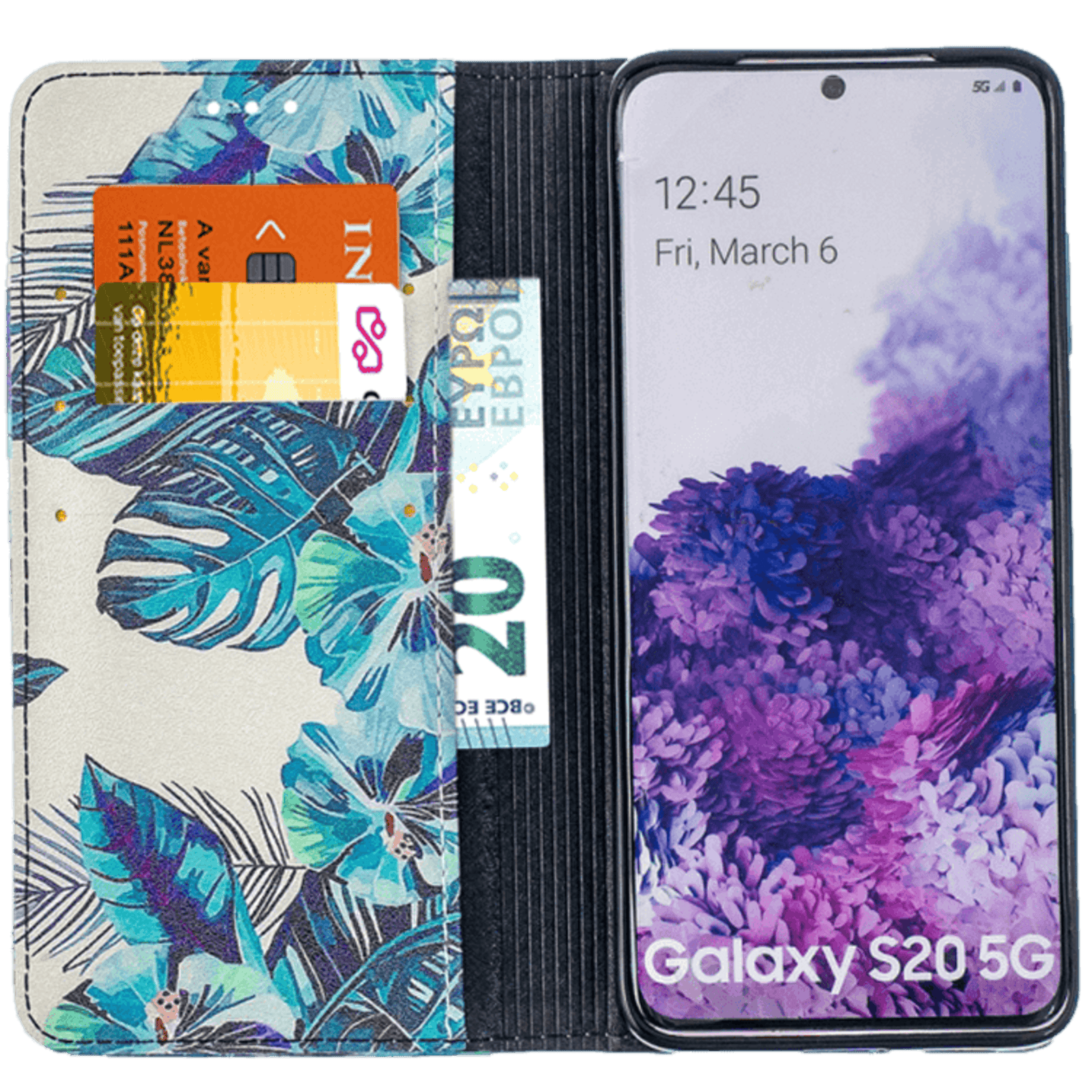 Mocaa Samsung Galaxy S20 Blue Leaf Magnetisch Bookcase Hoesje Meerkleurig