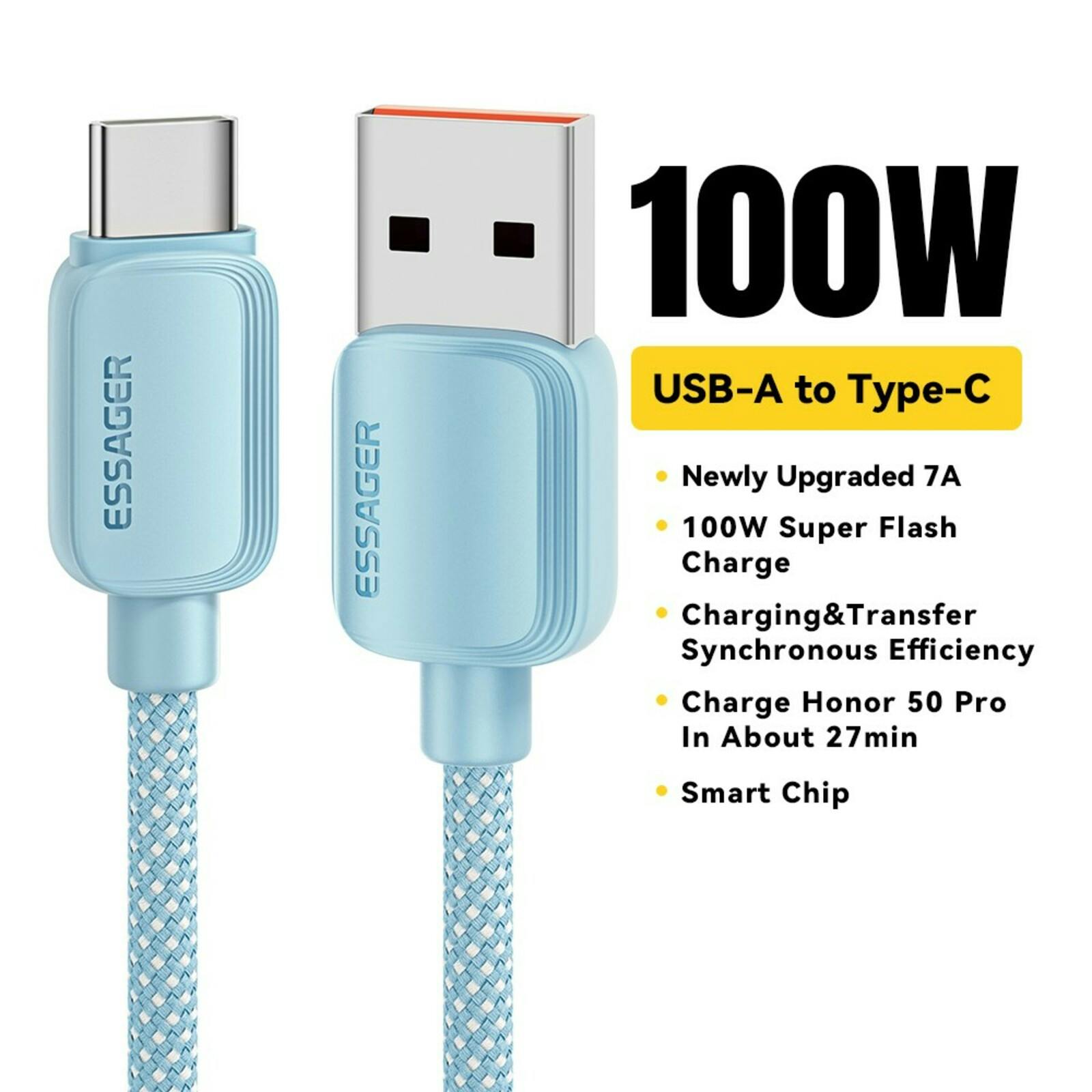 Essager 100W(!) Smartphone en Laptop Data + Oplaadkabel USB-A naar USB-C Blauw 1m