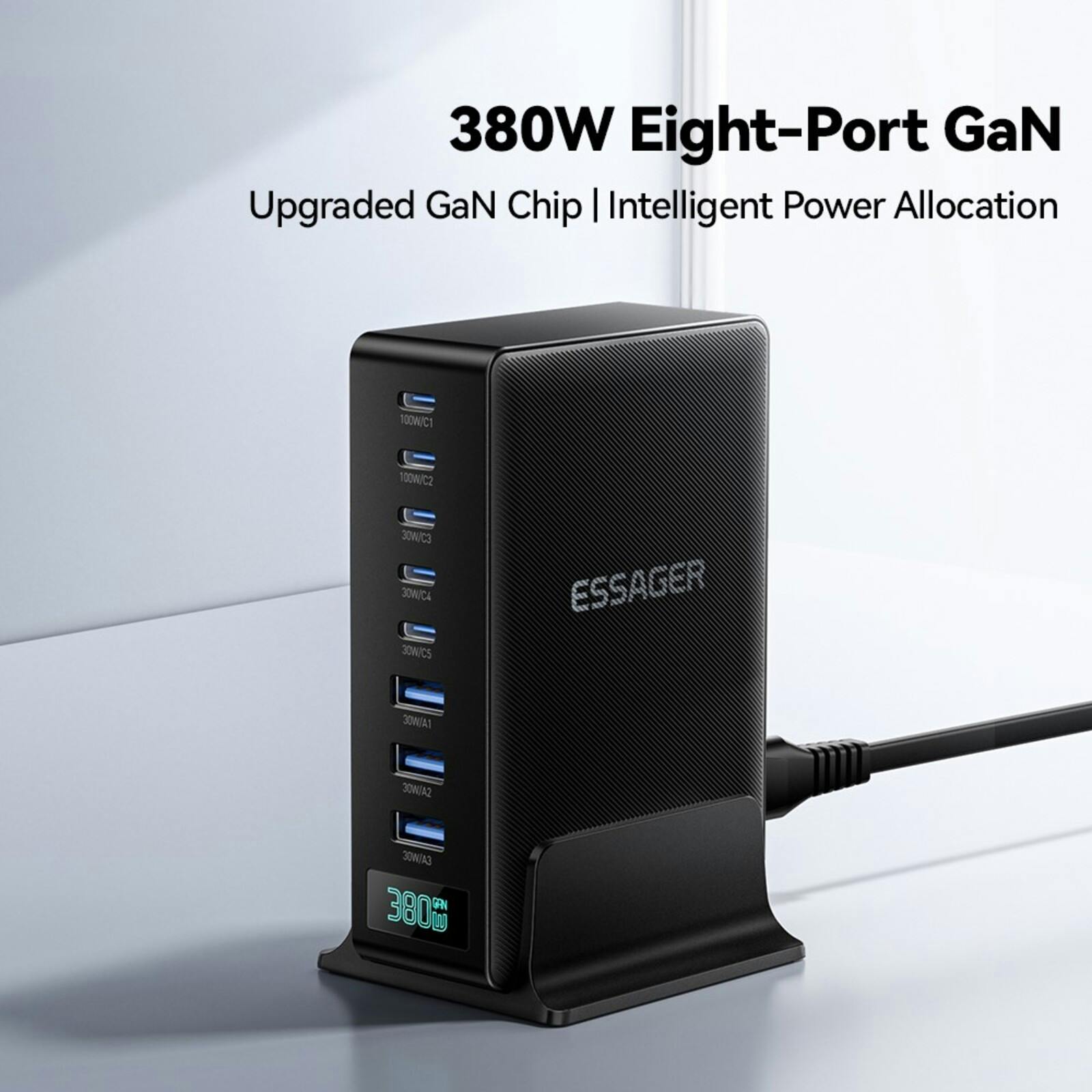 Essager 100W 5 USB-C + 3 USB-A Fast Charger Zwart