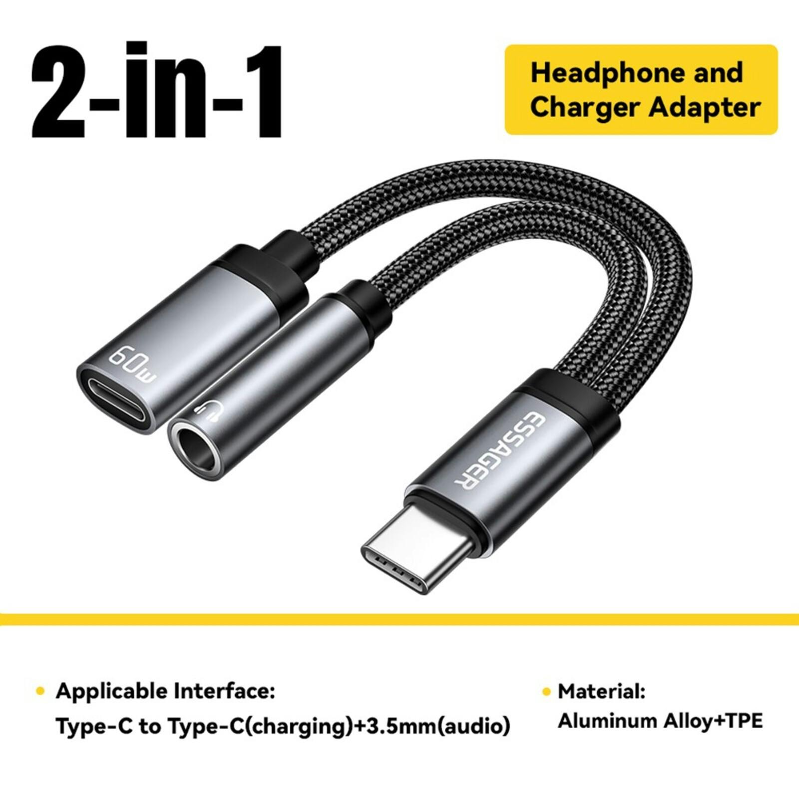 Essager USB-C naar USB-C + 3.5mm Adapter Kabel met 60W Oplader Zwart