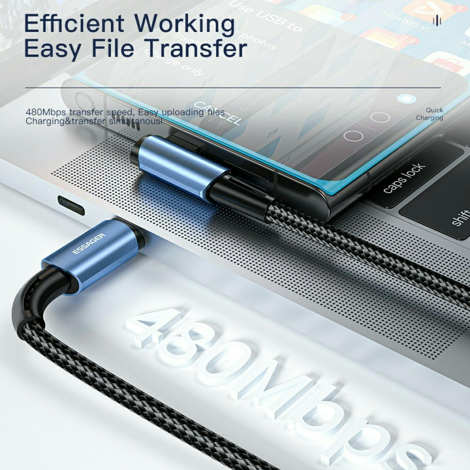 Essager 100W Woven Elbow Cable USB-C to USB-C Zwart 1m