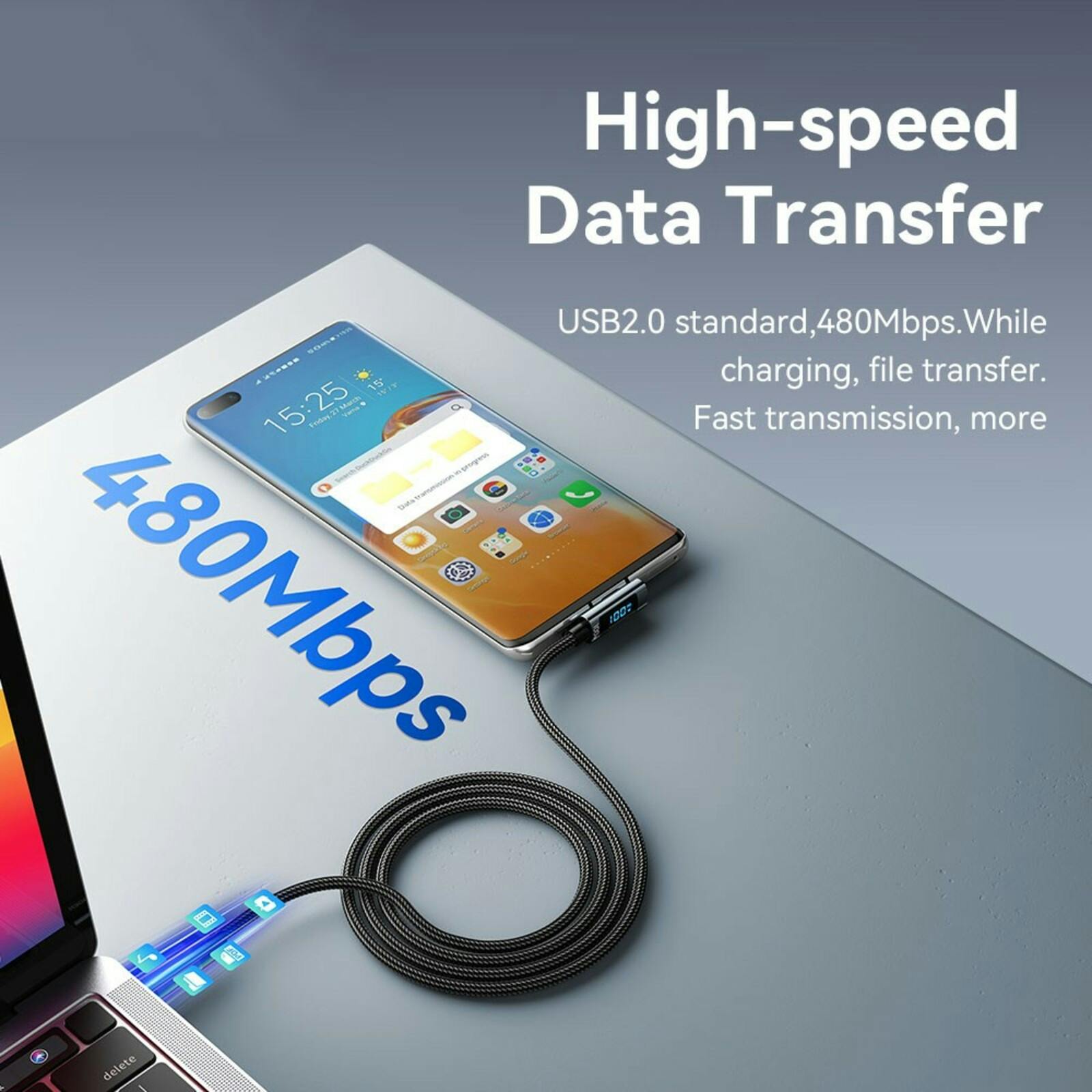 Essager 100W USB-C to USB-C Digital Display Elbow Data Cable Zwart 2m