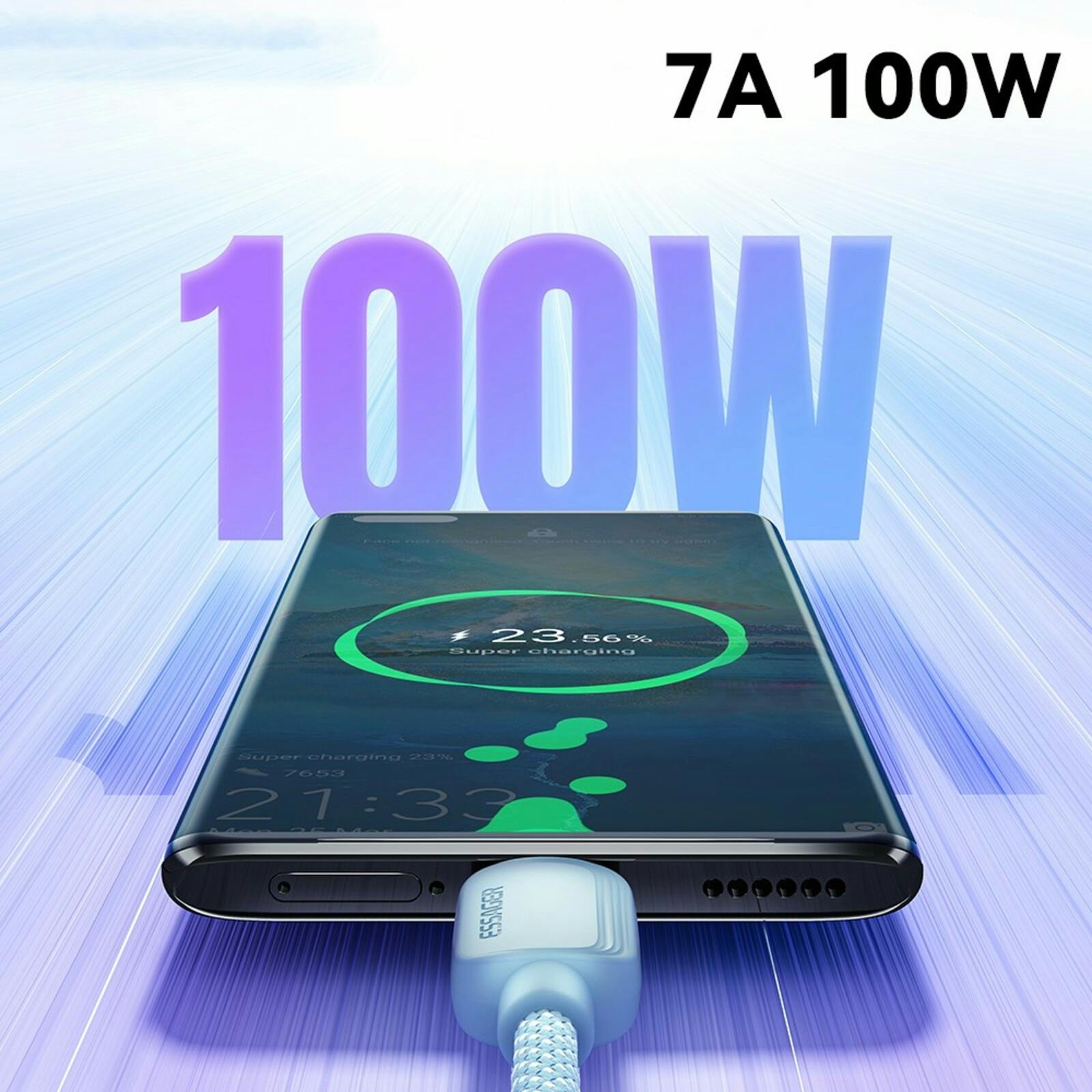 Essager 100W(!) Smartphone en Laptop Data + Oplaadkabel USB-A naar USB-C Blauw 1m