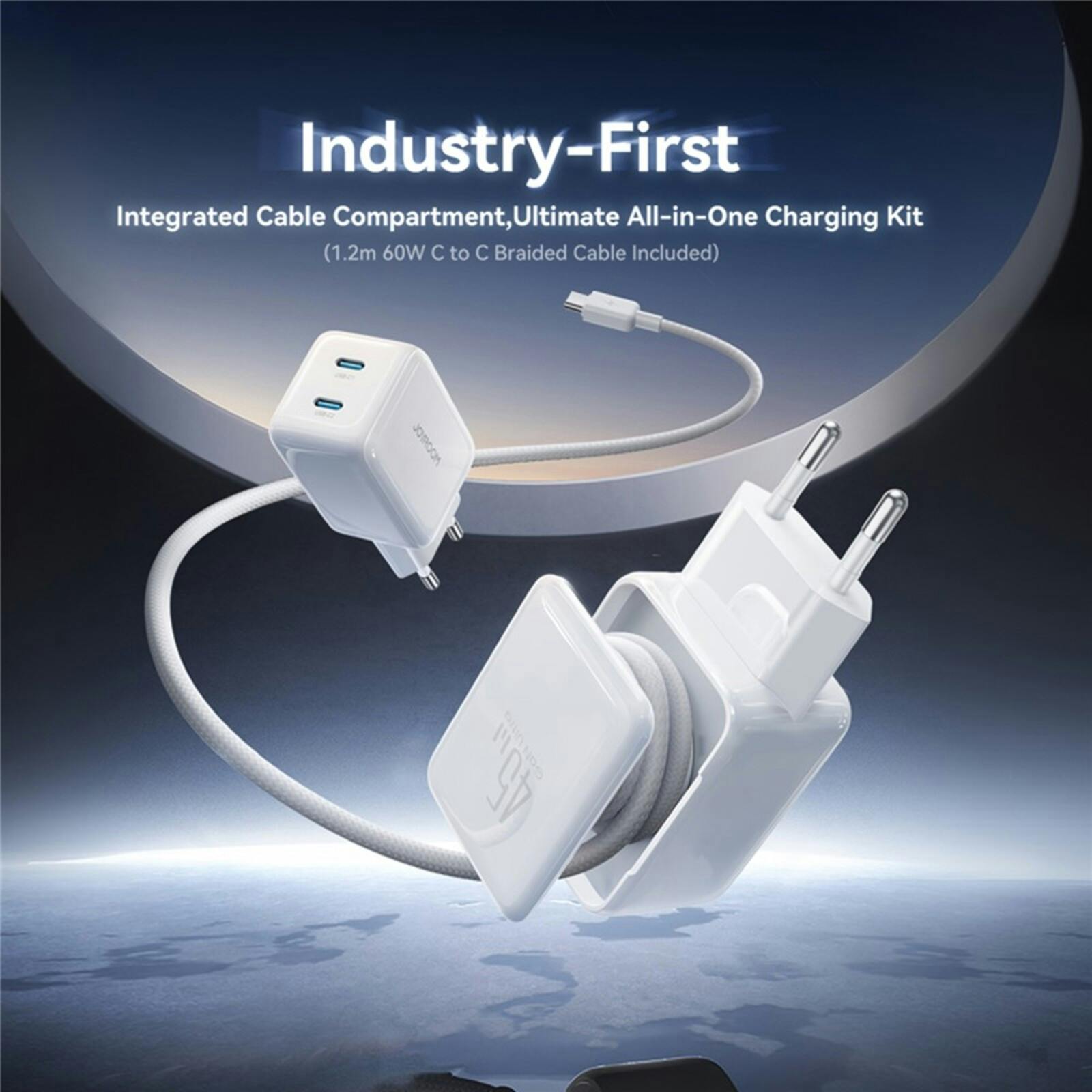 Joyroom 45W Dual-Port GaN Oplader met Ingebouwde Kabel Wit