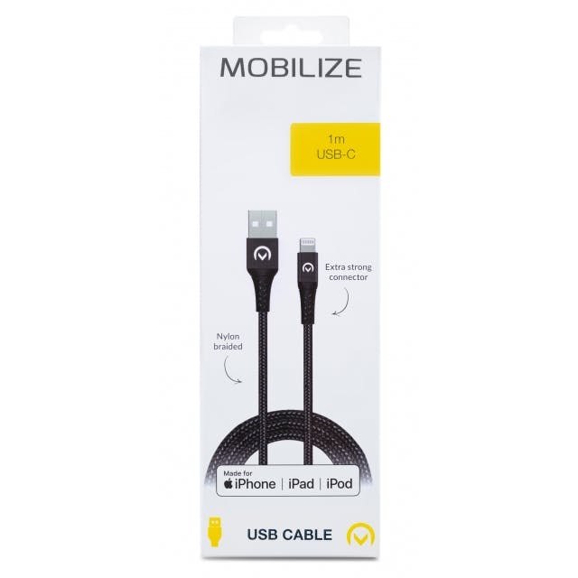 Mobilize Type USB C Gevlochten kabel 1m. Zwart