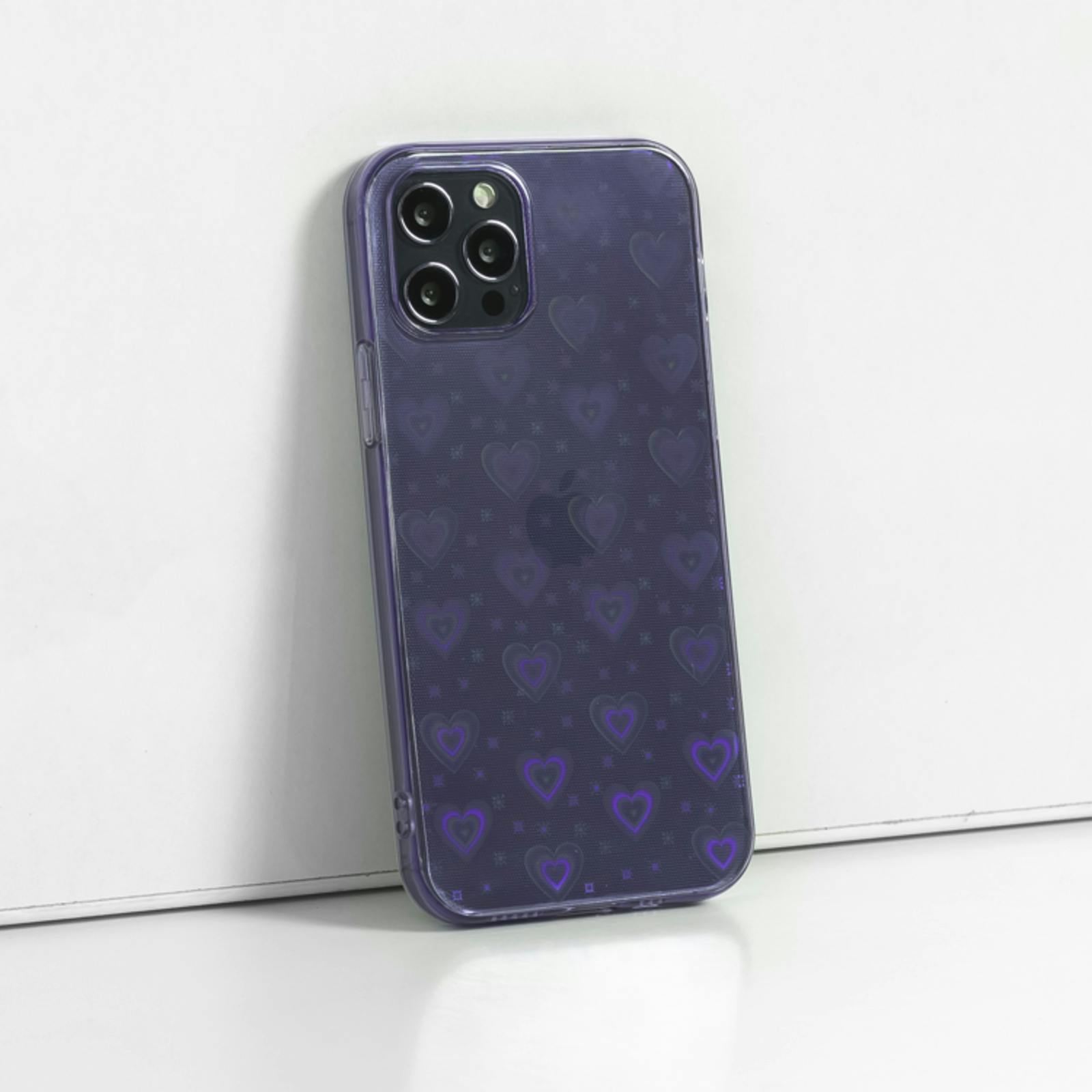 Mocaa iPhone 12 (Pro) 3D Effect Hartjes Hoesje Paars