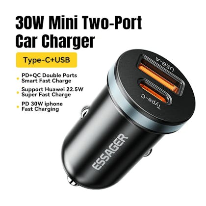 Essager Plug and Charge 30W Autolader USB en USB-C Zwart