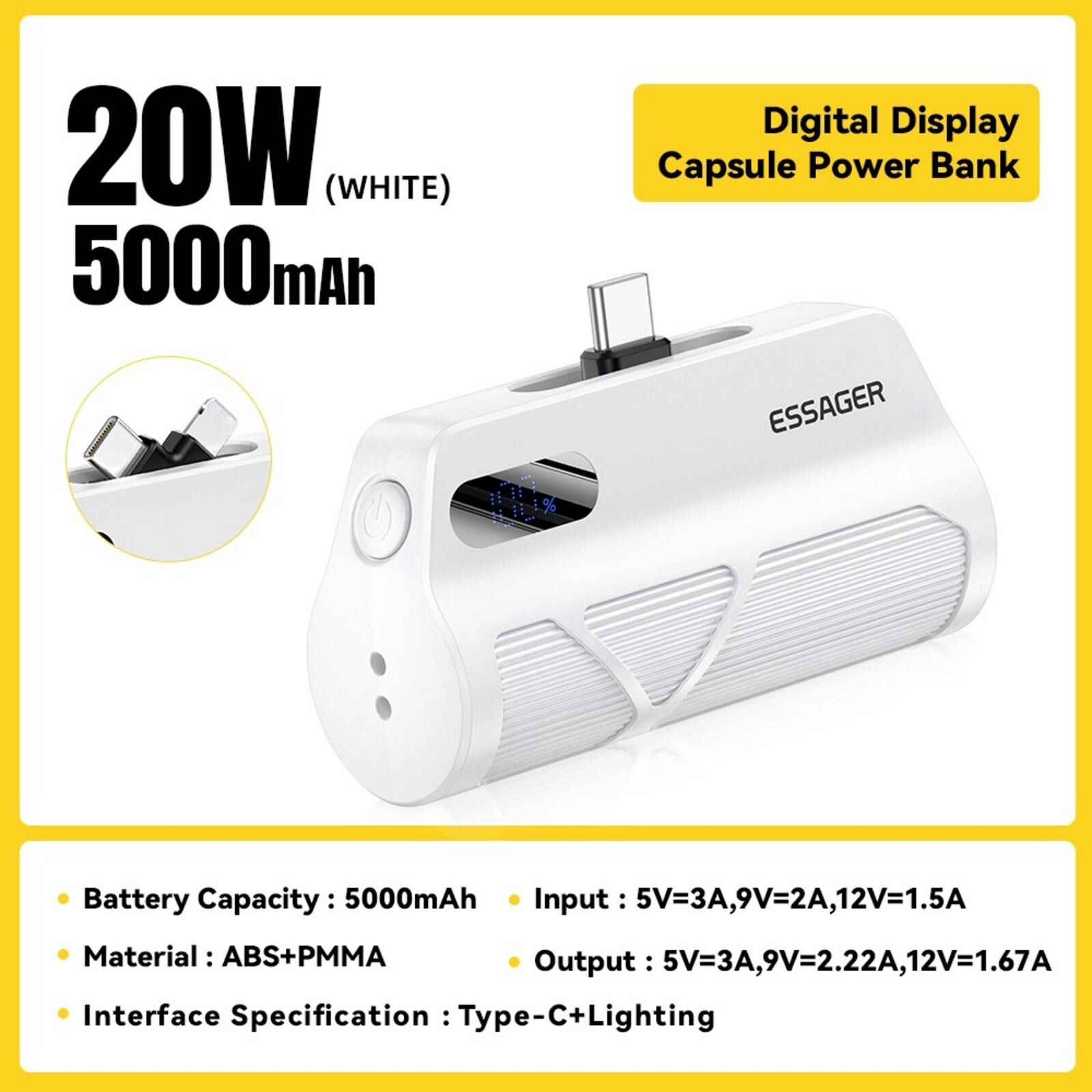 Essager 20W Universele Click-On Powerbank Wit 5000 mAh