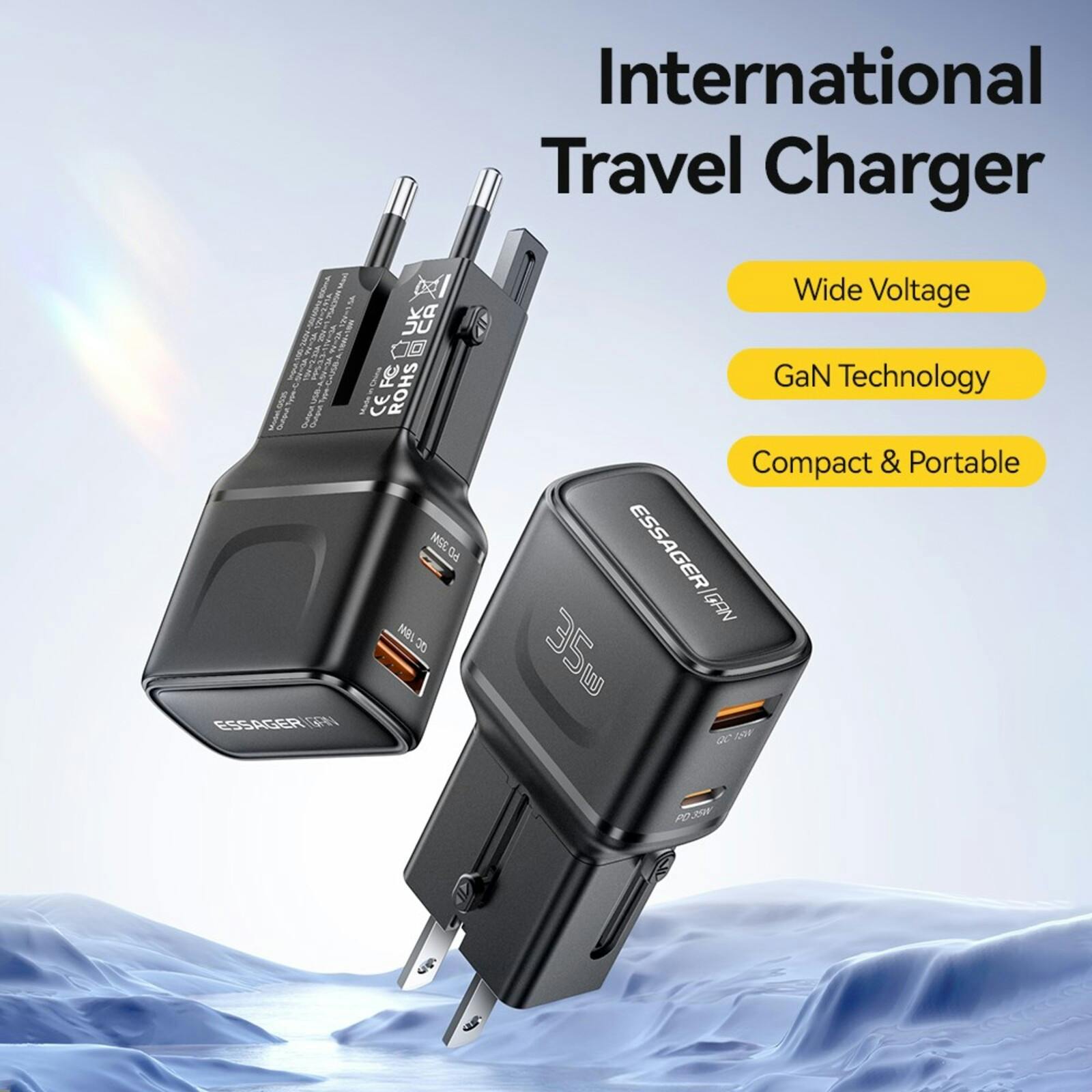 Essager 35W USB-A + USB-C Wereldstekker Zwart