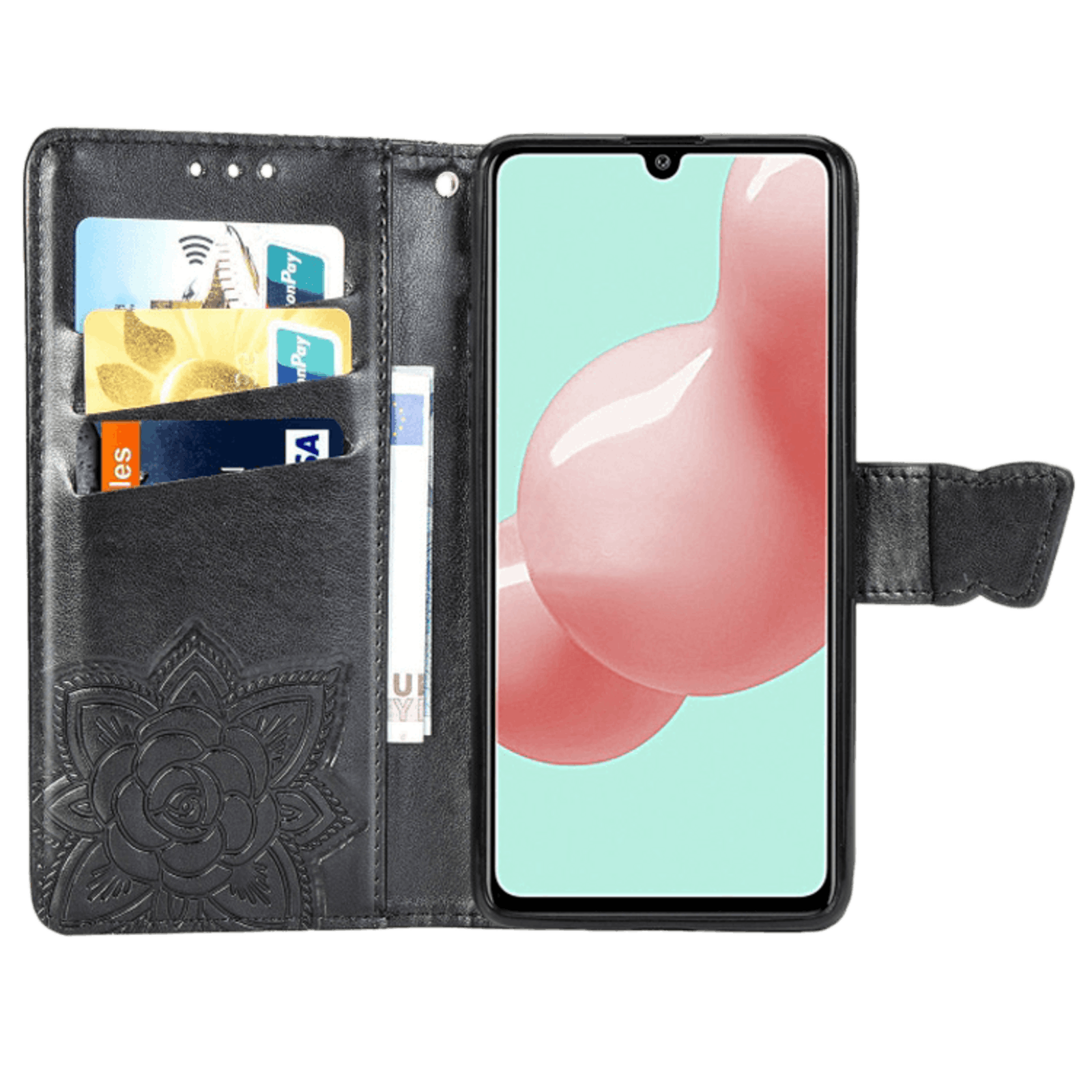 Comfycase Samsung Galaxy A41 Butterfly Booklet Telefoonhoesje Zwart