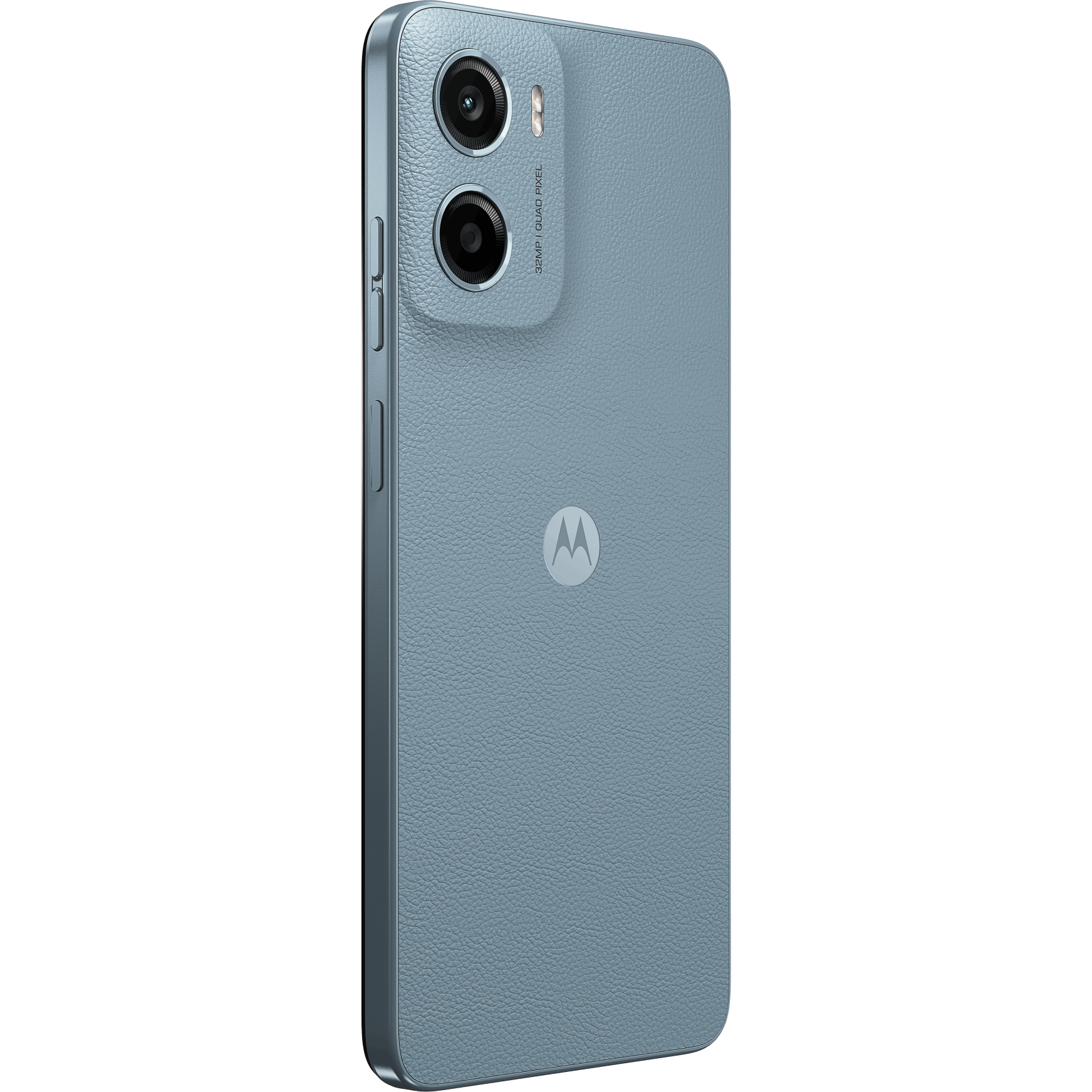 Motorola Moto E15 Misty Blue - Aanzicht vanaf links