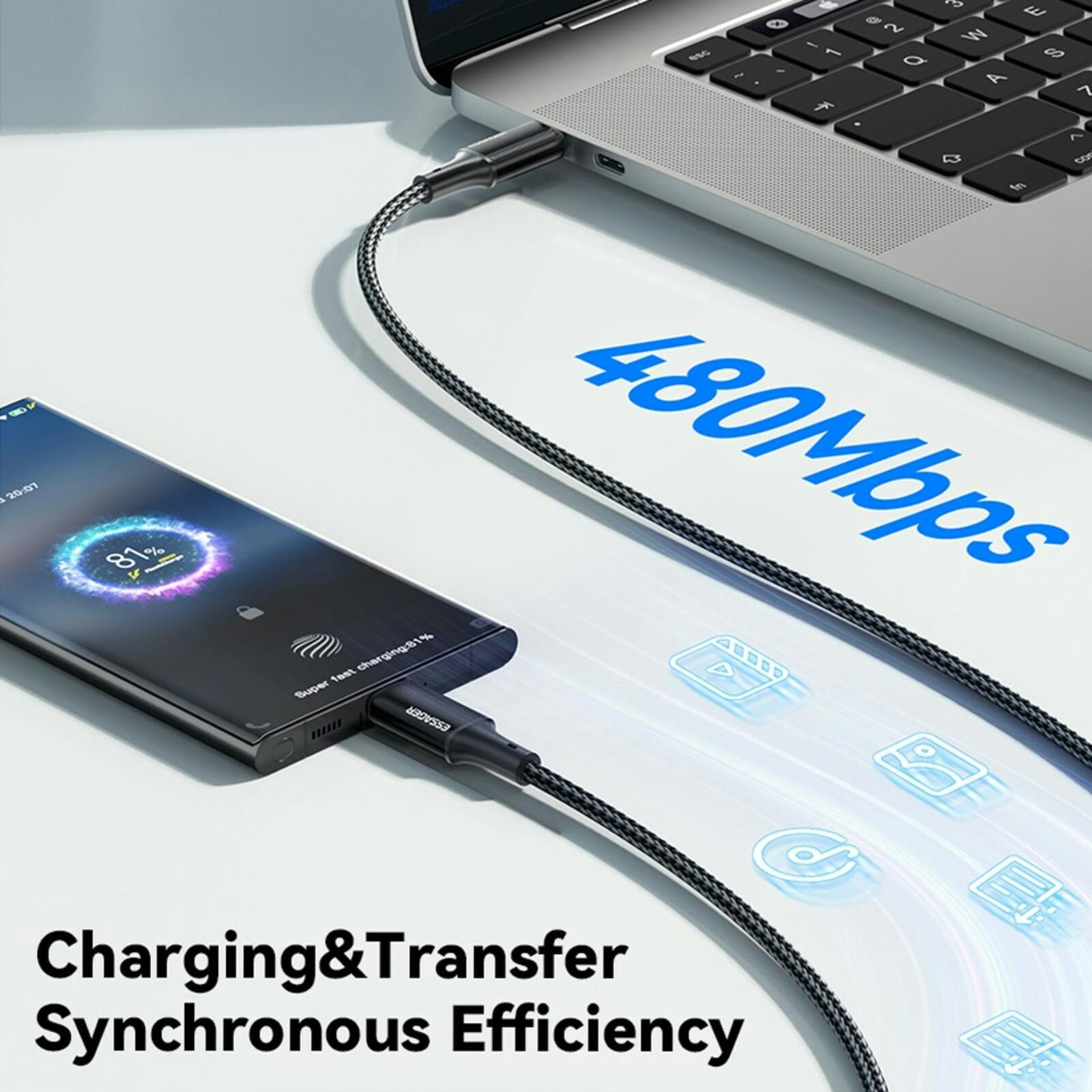 Essager 100W Gewoven USB-C naar USB-C Super Speed Cable Zwart 3m