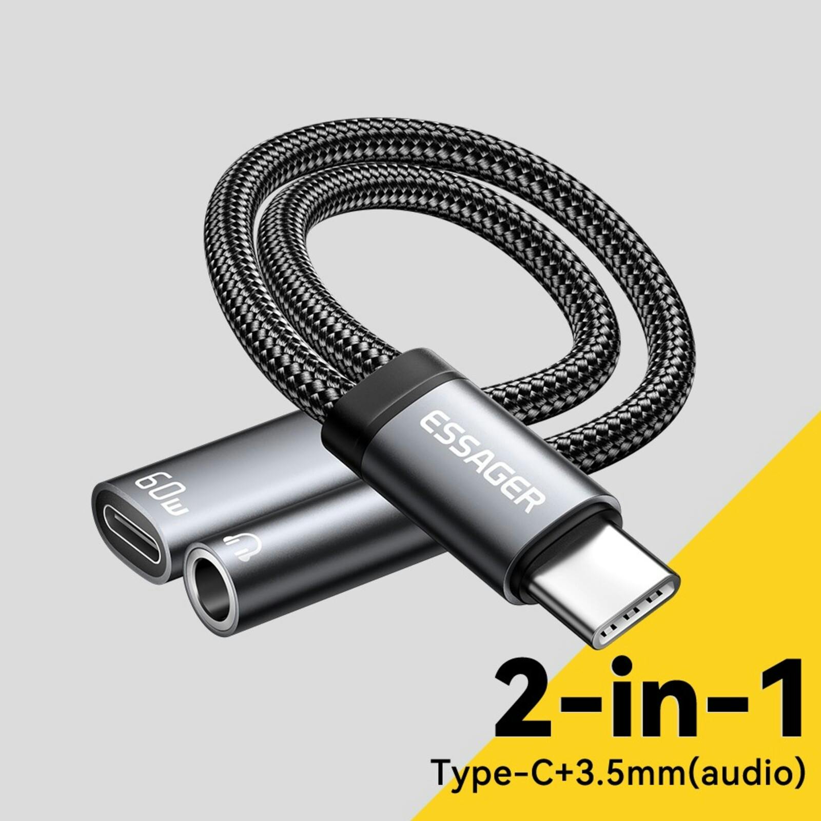 Essager USB-C naar USB-C + 3.5mm Adapter Kabel met 60W Oplader Zwart