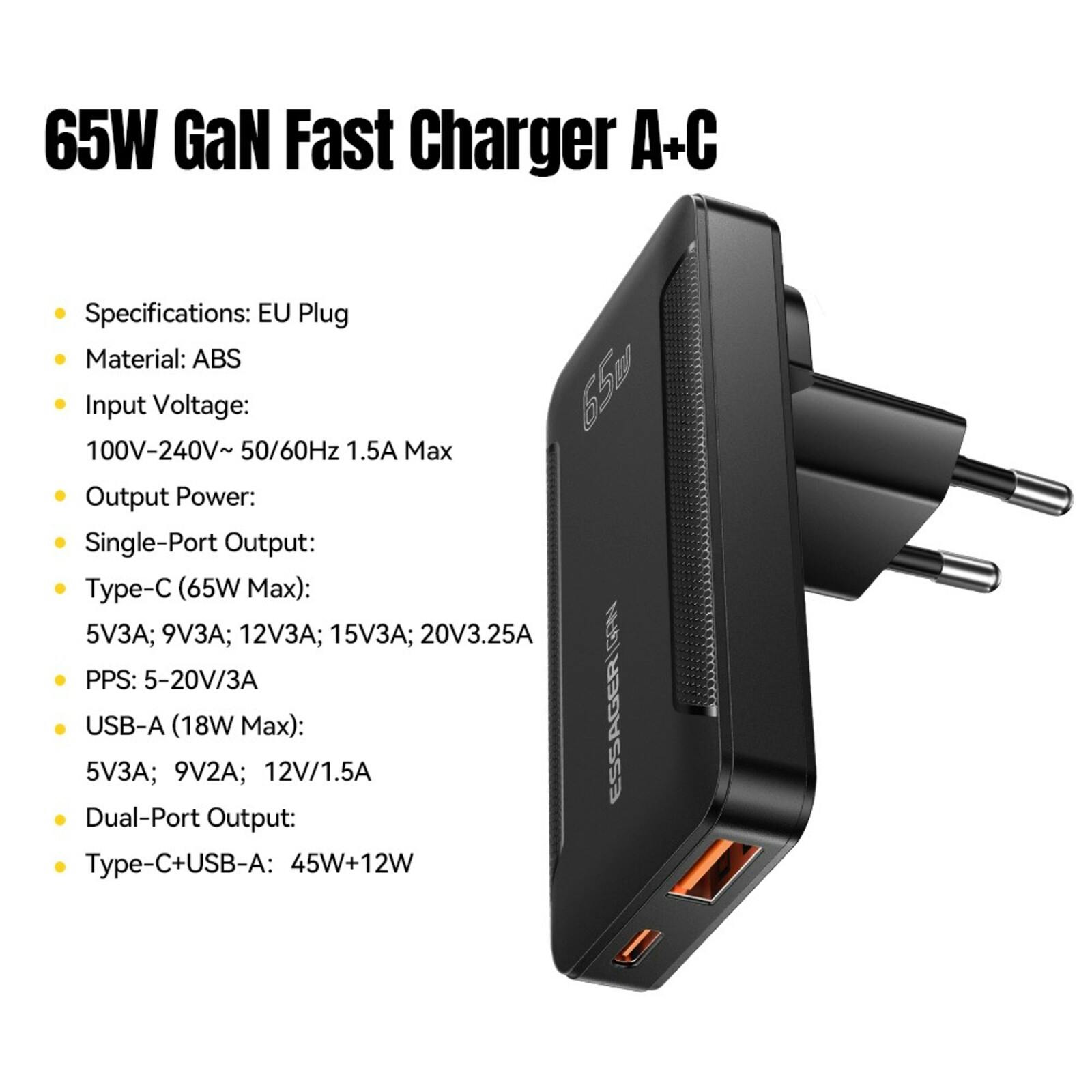 Essager Ultradunne USB-A + USB-C Reislader 65W Zwart