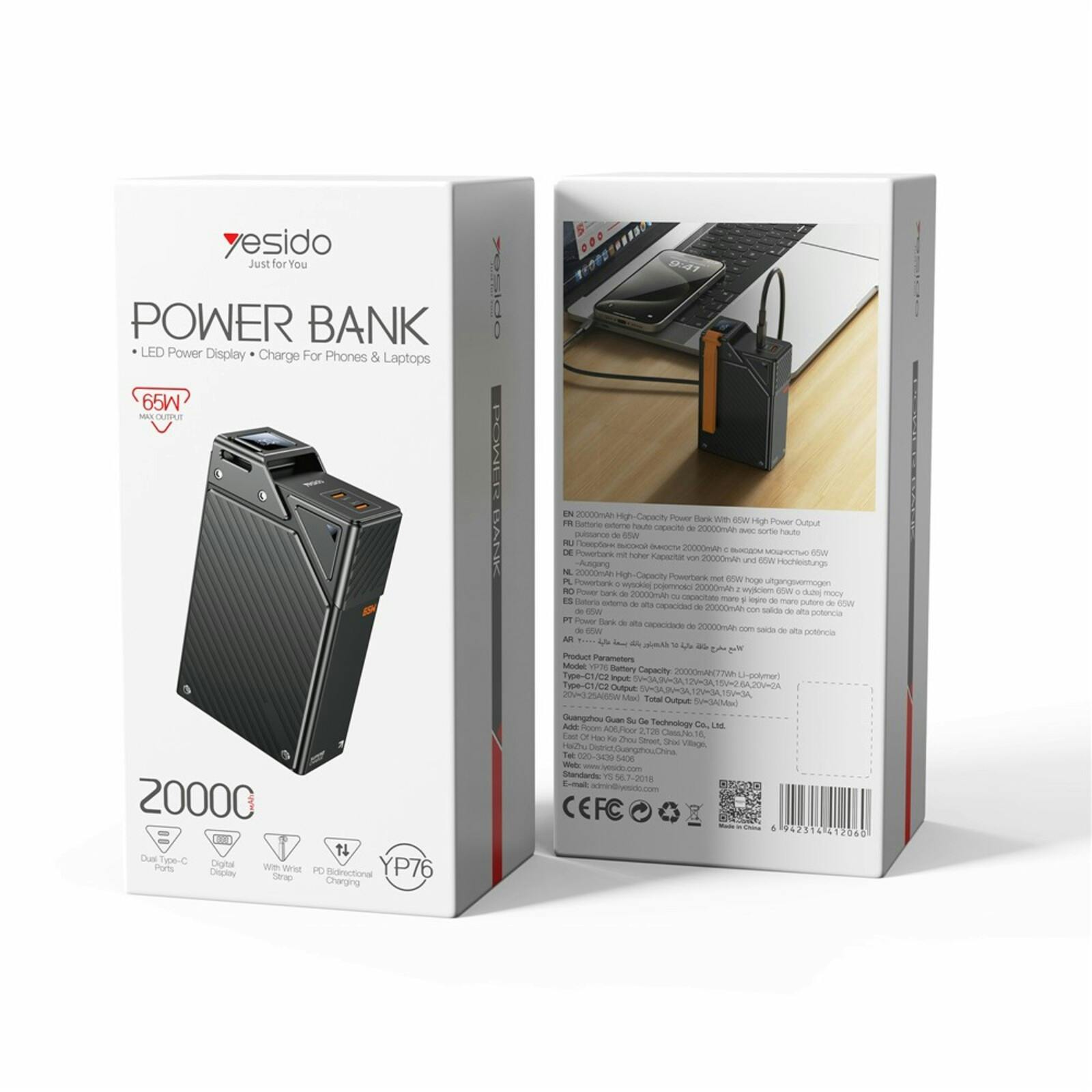 Yesido 20.000mAh 65W Fast Charging Portable Powerbank Zwart 20.000 mAh