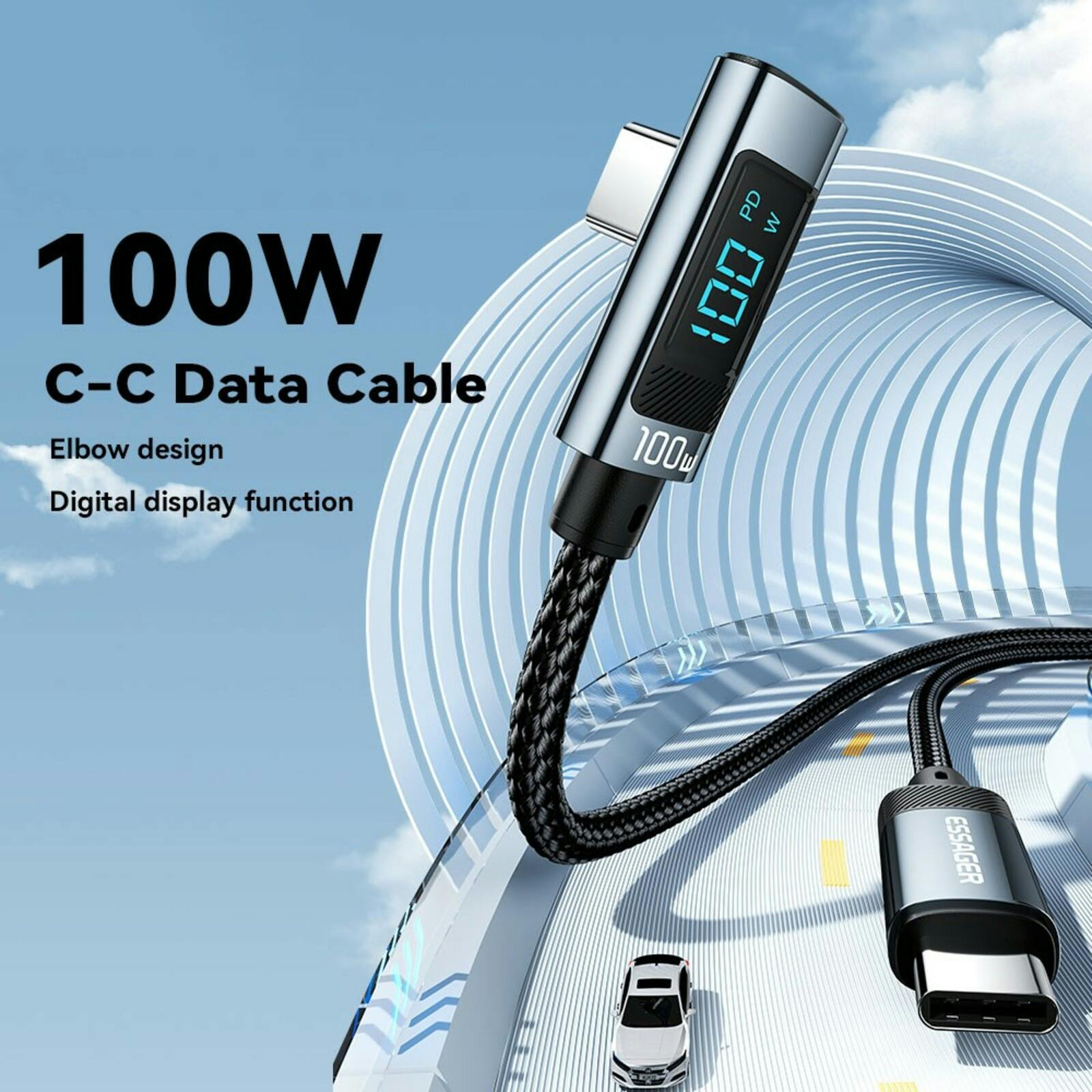 Essager 100W USB-C to USB-C Digital Display Elbow Data Cable Zwart 2m