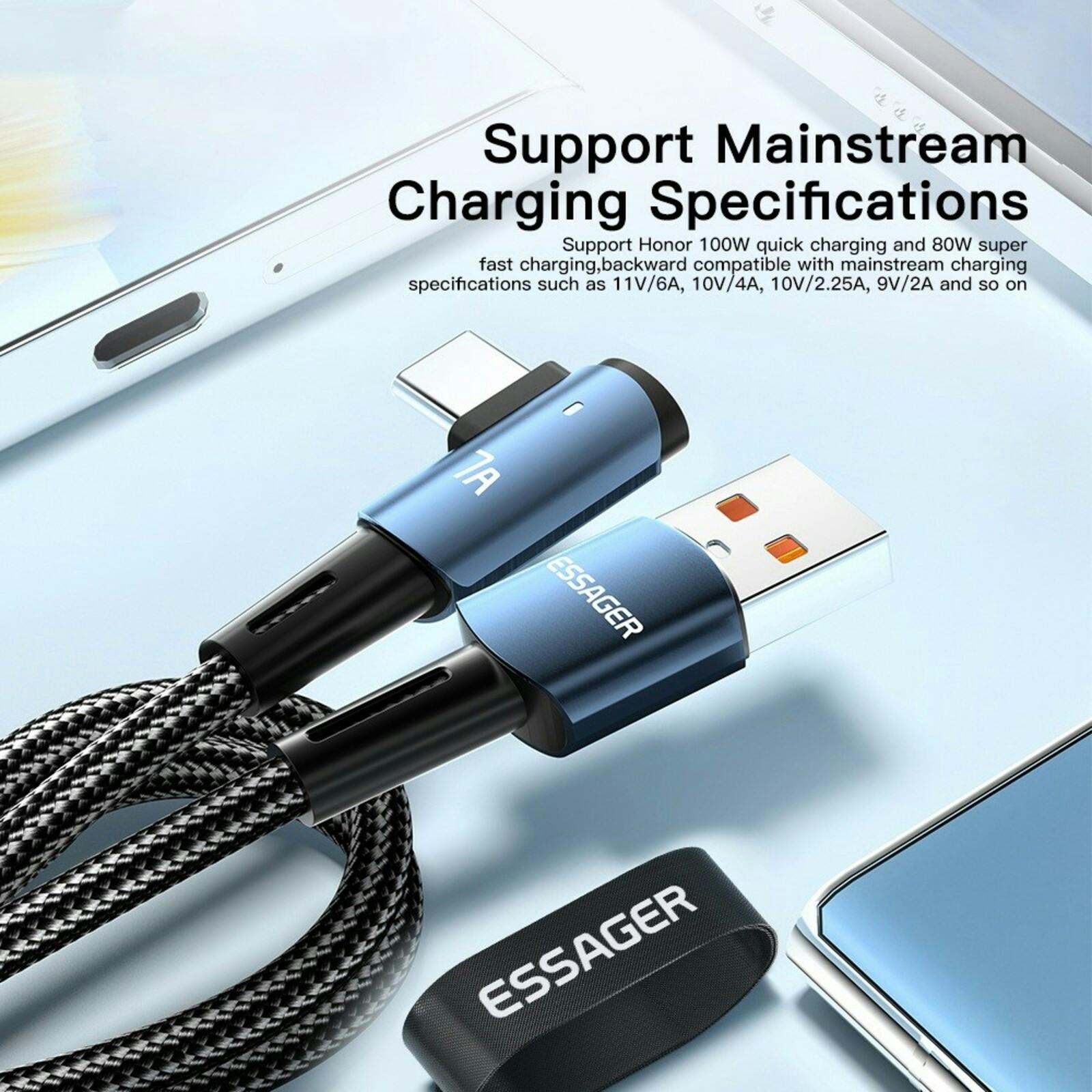 Essager 100W High Speed Gewoven Elbow Kabel USB-A naar USB-C Zwart 1m