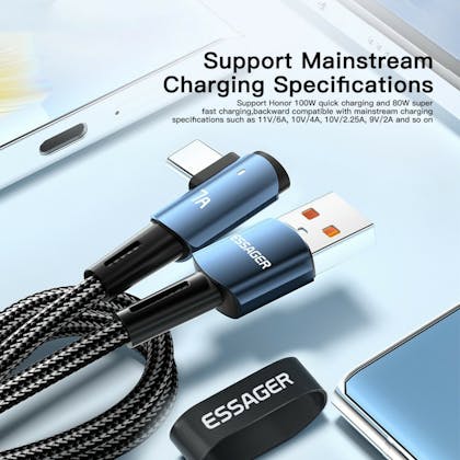Essager 100W High Speed Gewoven Elbow Kabel USB-A naar USB-C Zwart 1m
