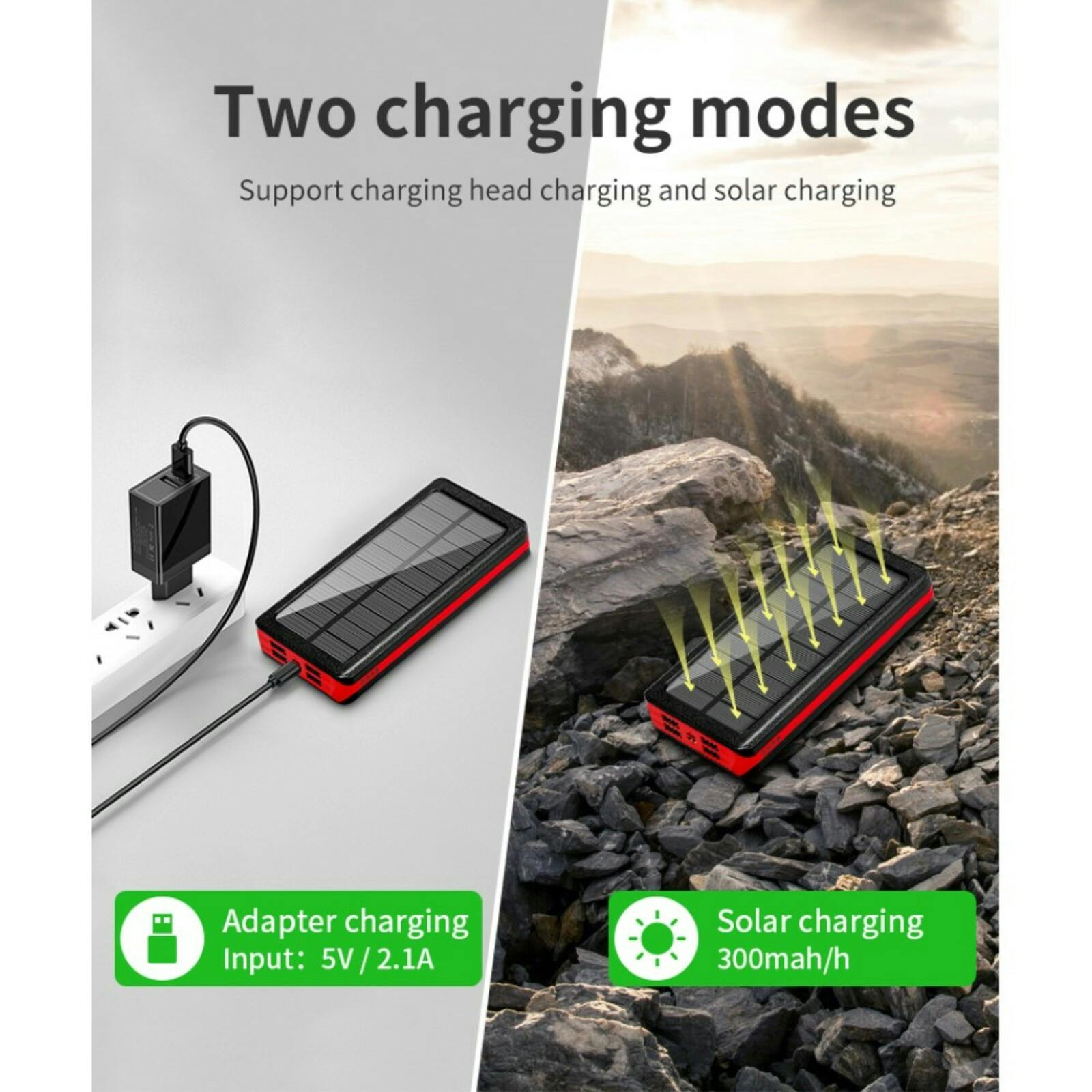PSOOO 20.000mAh Solar Powerbank met Draadloos Laden Rood 20.000 mAh