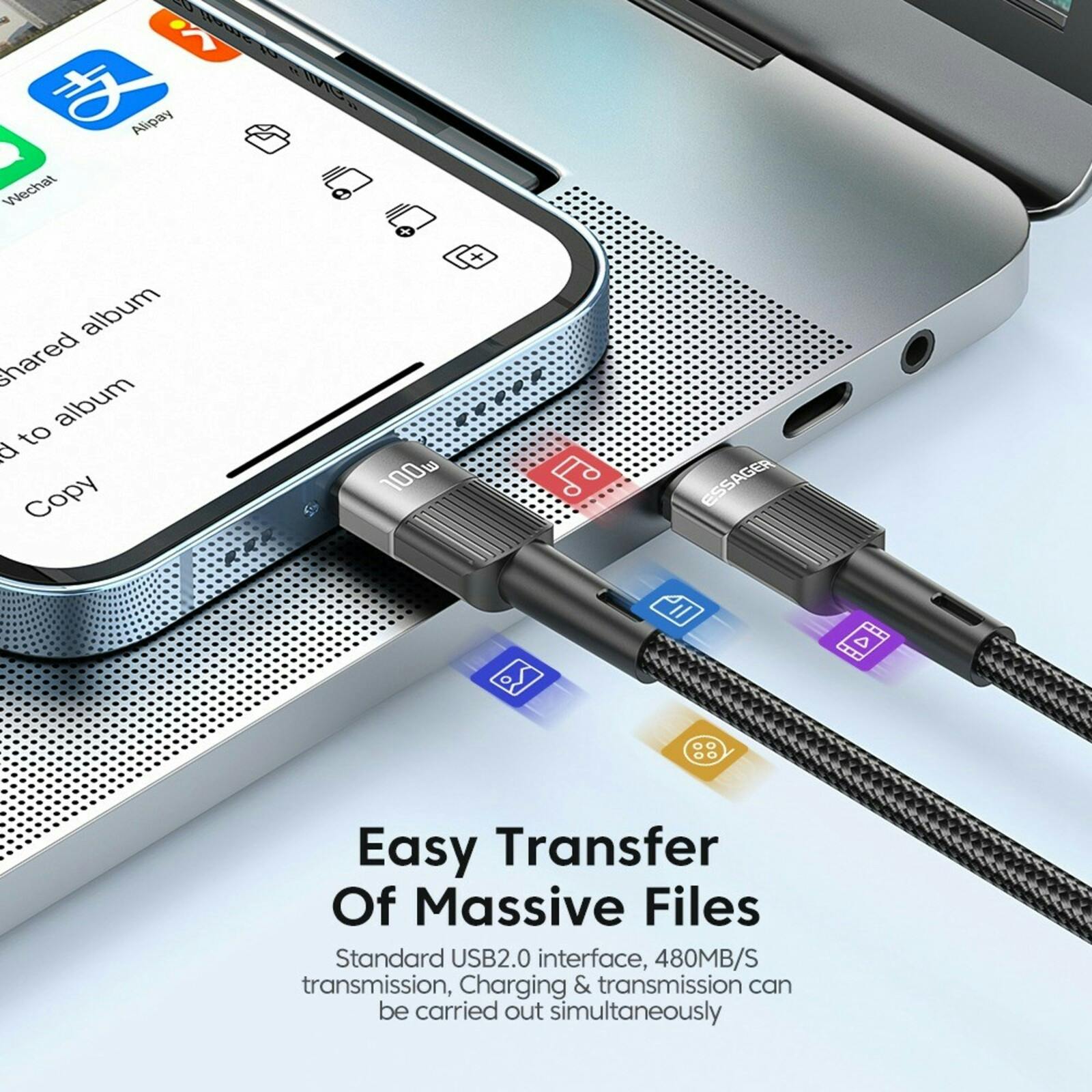 Essager Power Delivery Gewoven Oplaad en Datakabel USB-C naar USB-C Zwart 3m