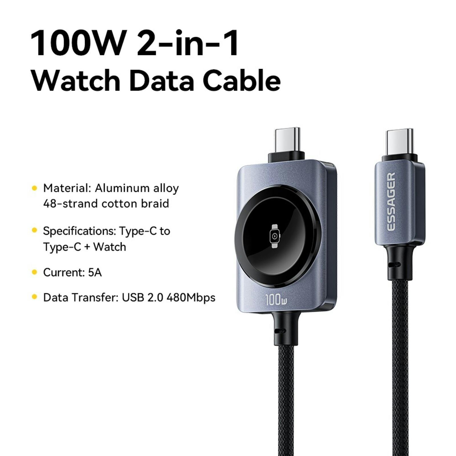 Essager 2-in-1 USB-C naar USB-C Kabel 100W Apple Watch Oplader Zwart