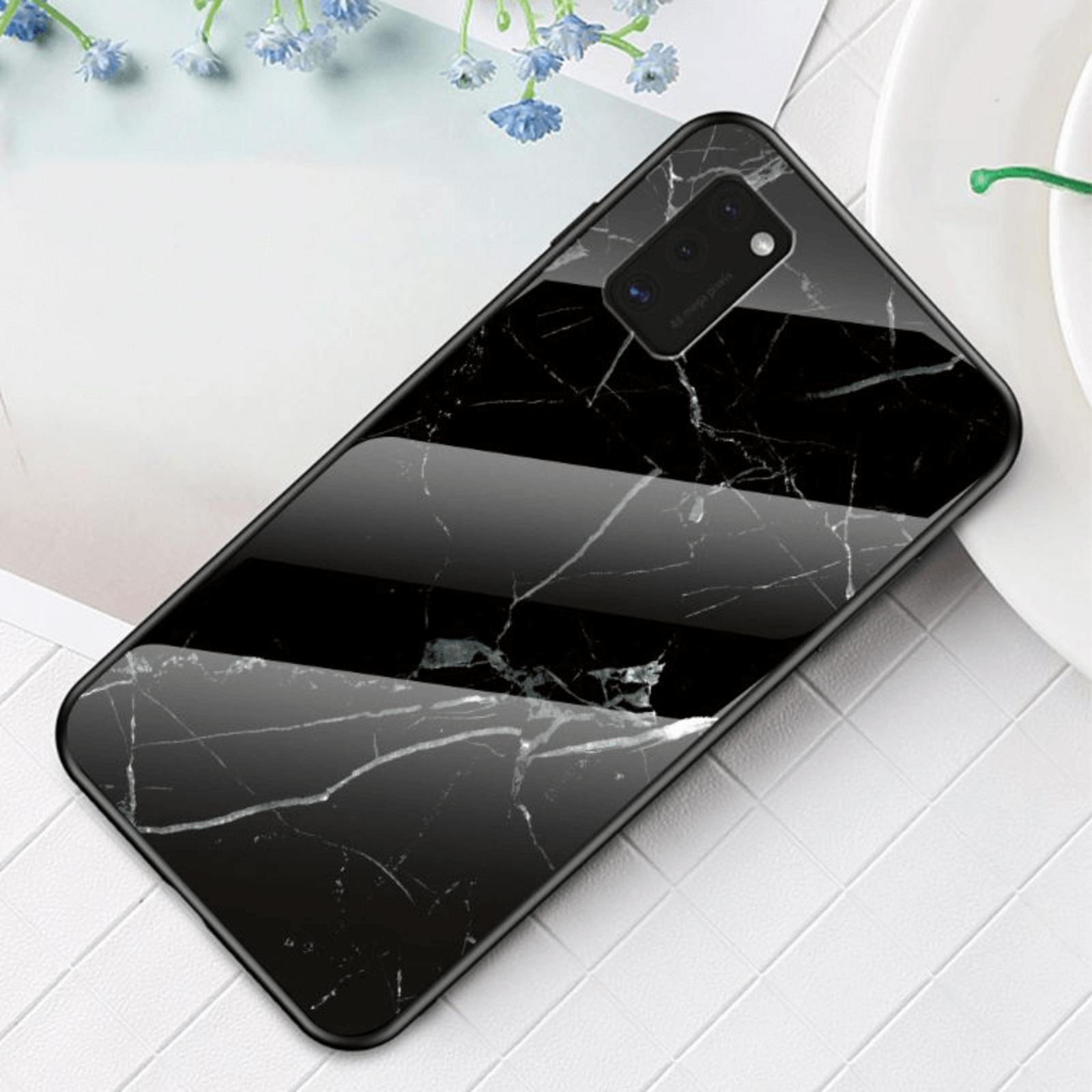 CaseBody Samsung Galaxy A41 Marble Glass Hoesje Gehard Glas Zwart