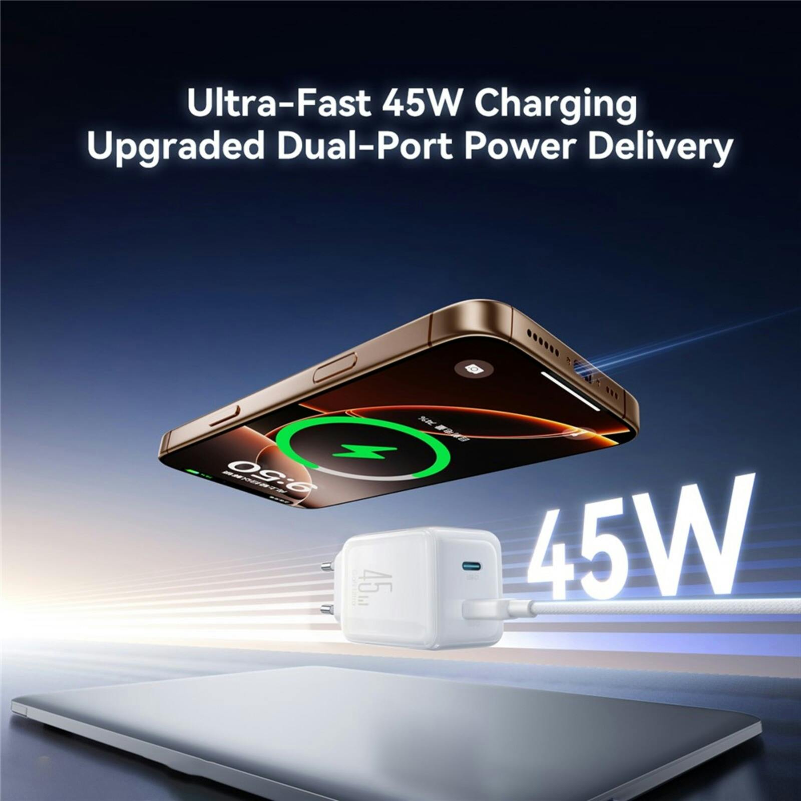 Joyroom 45W Dual-Port GaN Oplader met Ingebouwde Kabel Wit