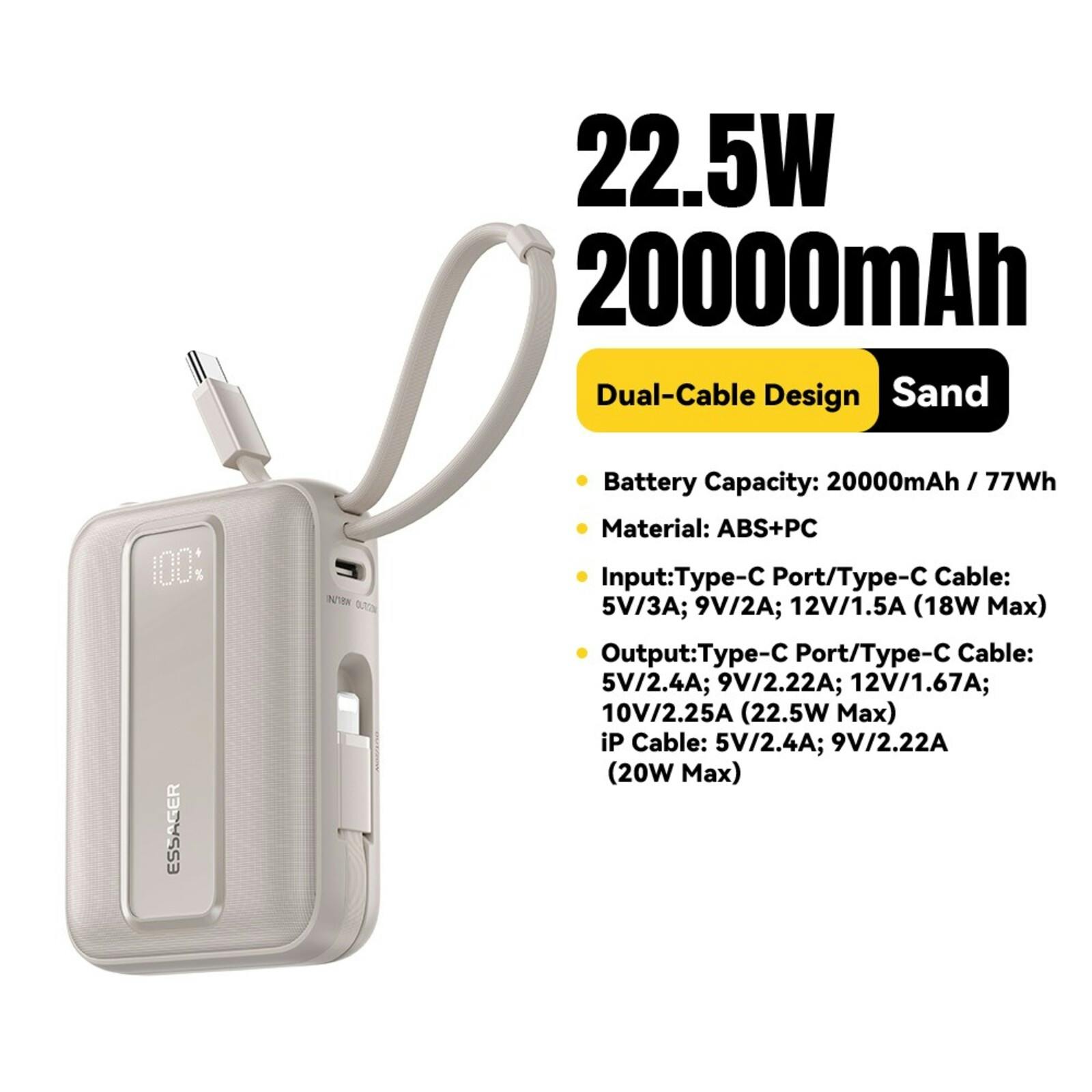 Essager Quick Charge Compact Powerbank met Kabels Titanium 20.000 mAh