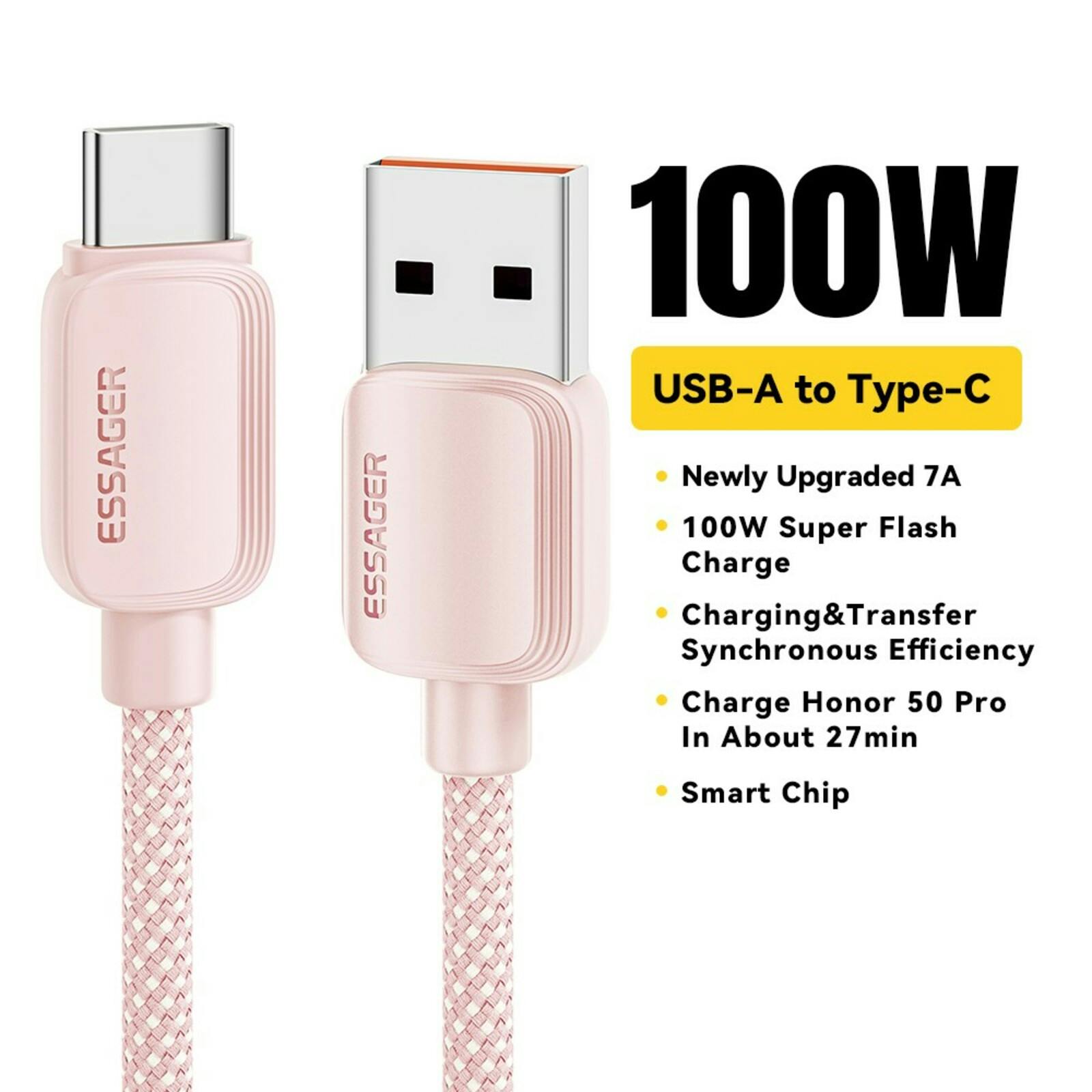 Essager 100W(!) Smartphone en Laptop Data + Oplaadkabel USB-A naar USB-C Roze 1m