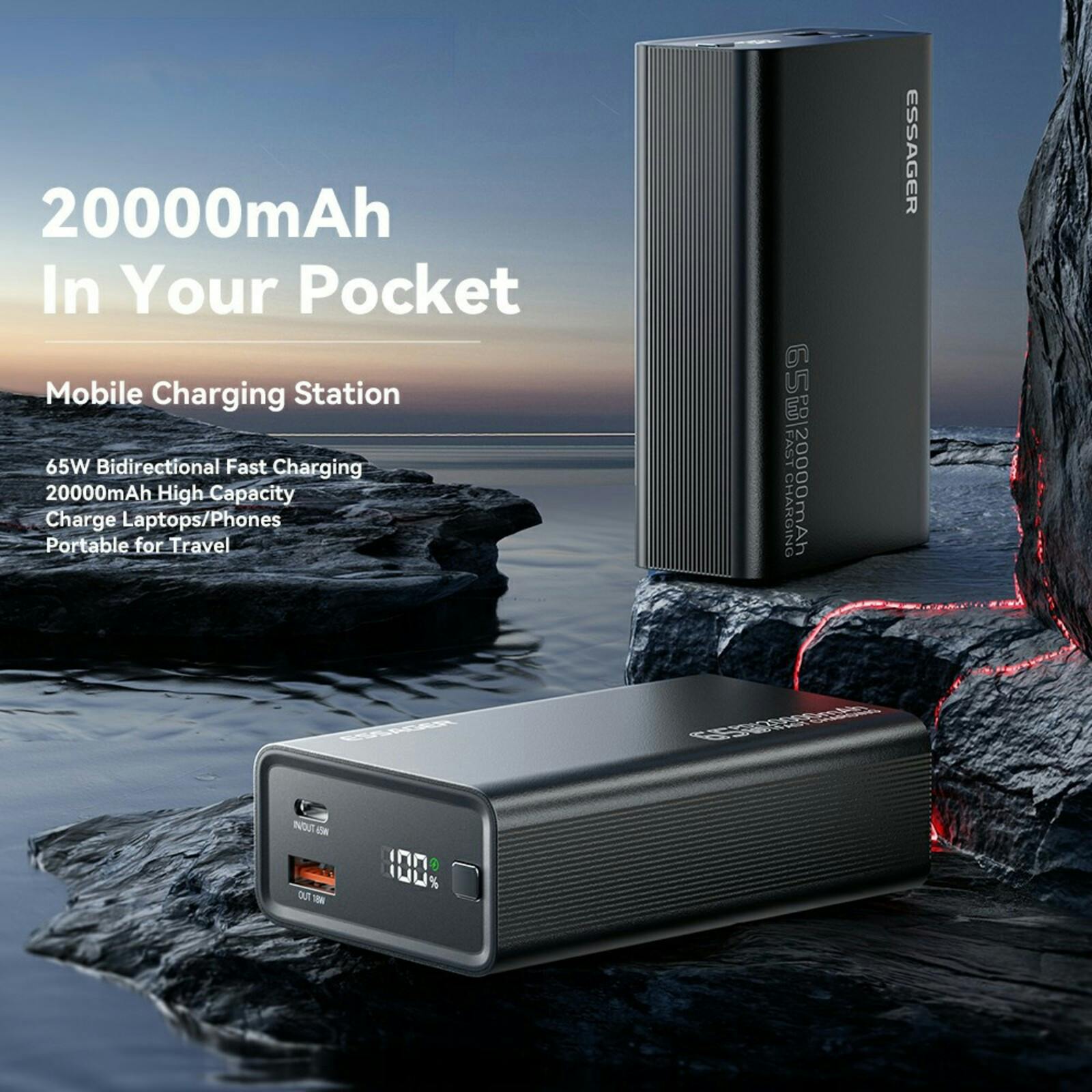 Essager 20.000mAh 65W PD Powerbank Zwart 20.000 mAh