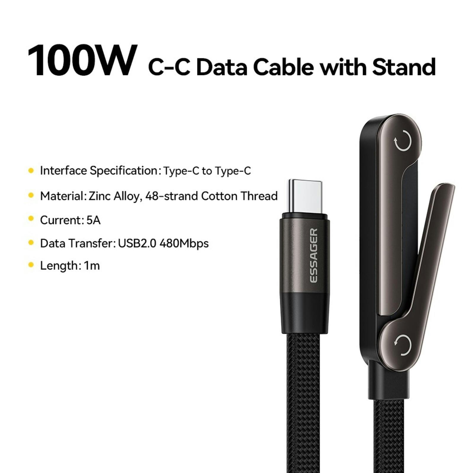 Essager USB-C naar USB-C Kabel 100W met Verstelbare Standaard Zwart