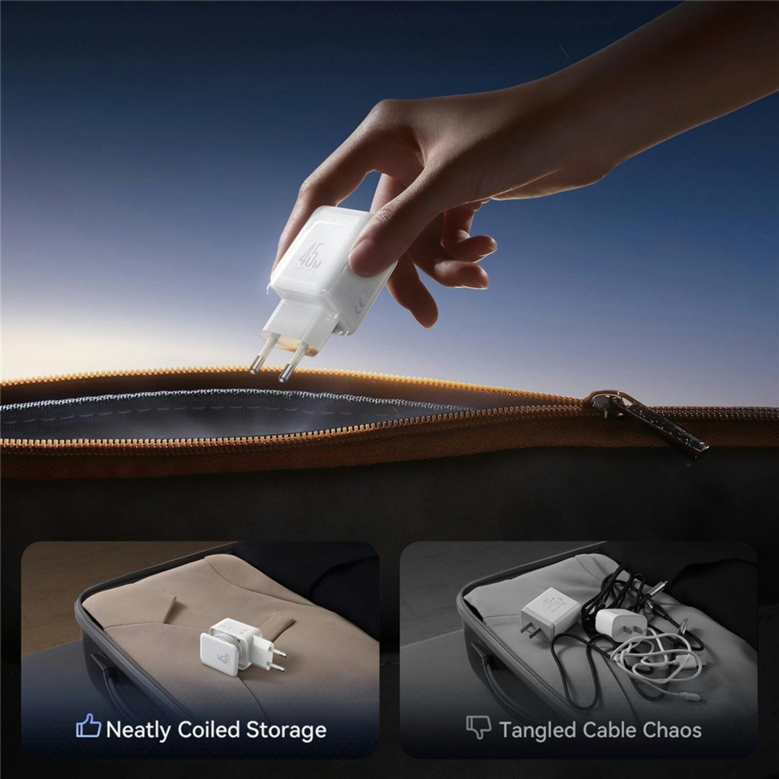 Joyroom 45W Dual-Port GaN Oplader met Ingebouwde Kabel Wit